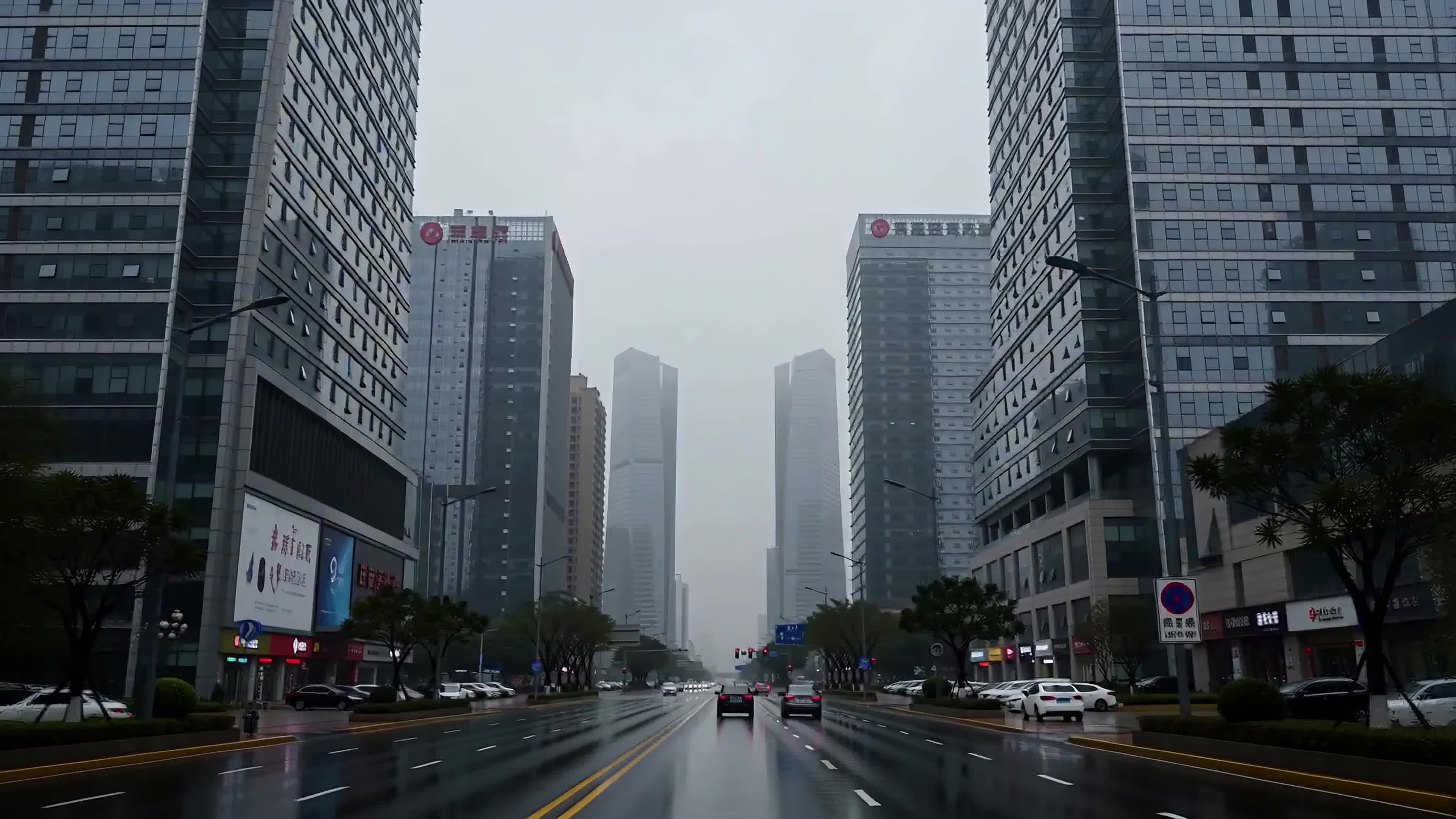 4K video of a rain-drenched modern city street lined with tall glass buildings and moving cars under cloudy skies.