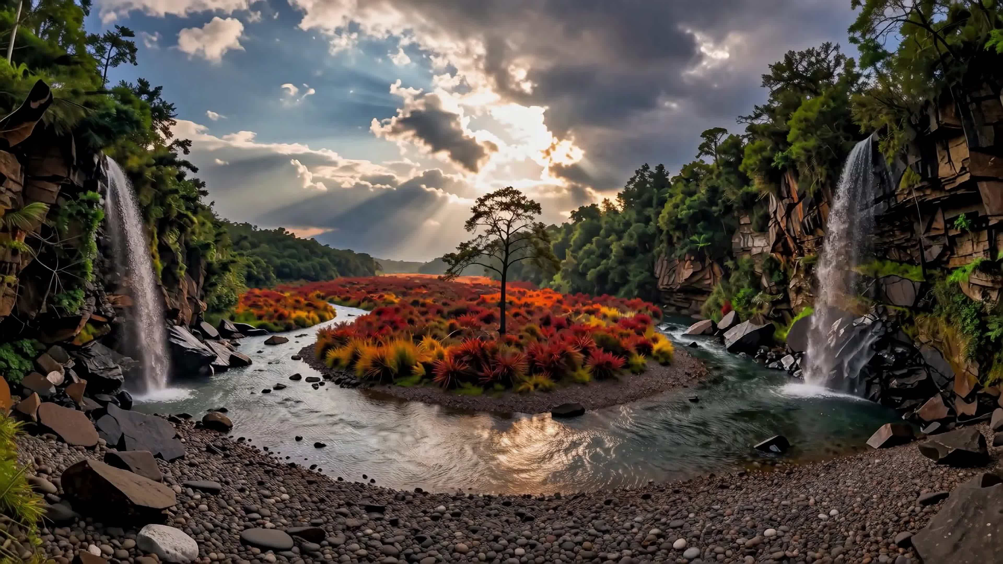 4K video of a majestic waterfall surrounded by vividly colored vegetation and solitary tree beneath radiant sunset skies.