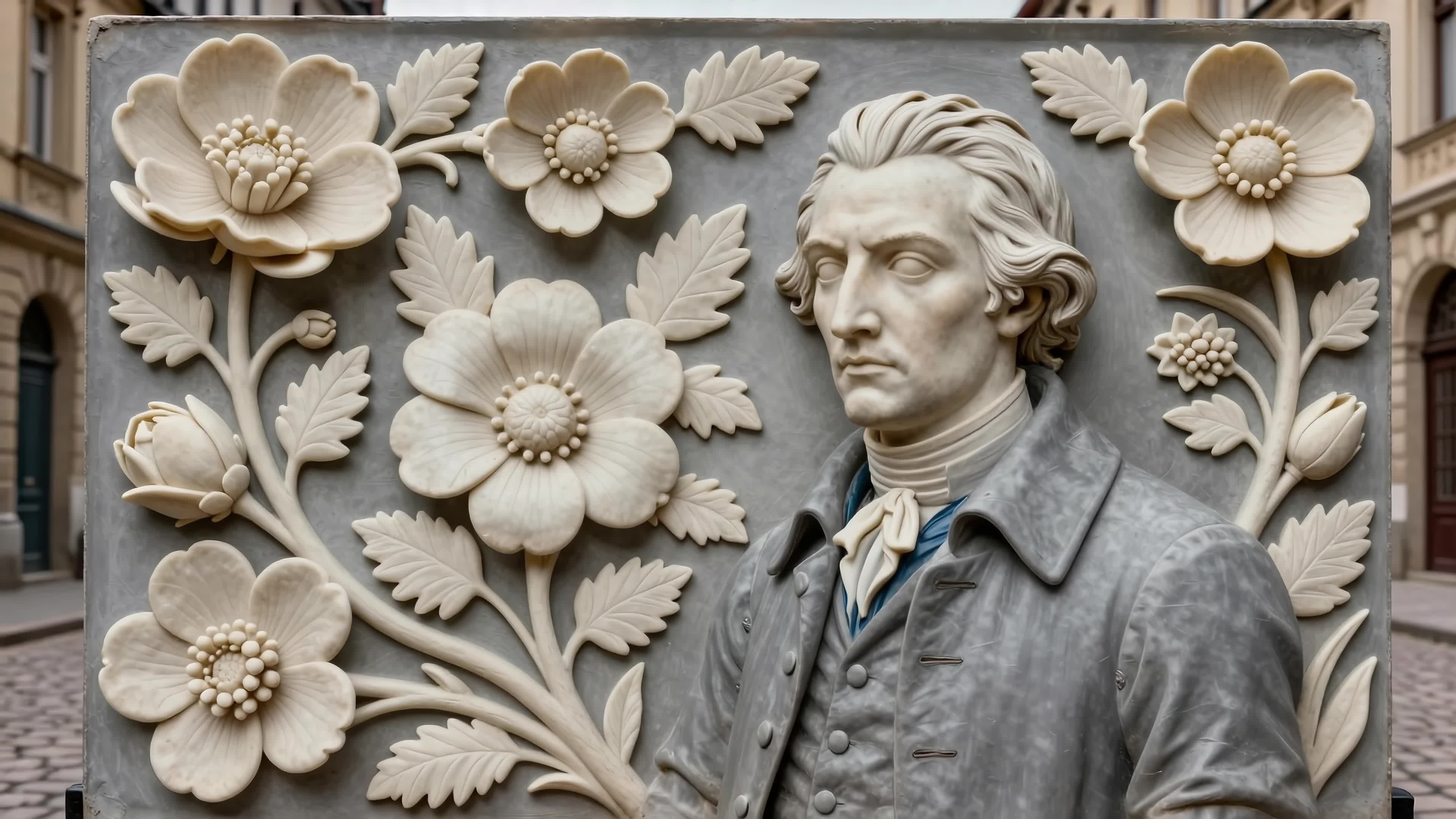 4K video of a marble bust with an aura of timeless dignity and quiet resolve, framed by intricately carved flowers that seem to bloom around his presence like honor’s own tribute.