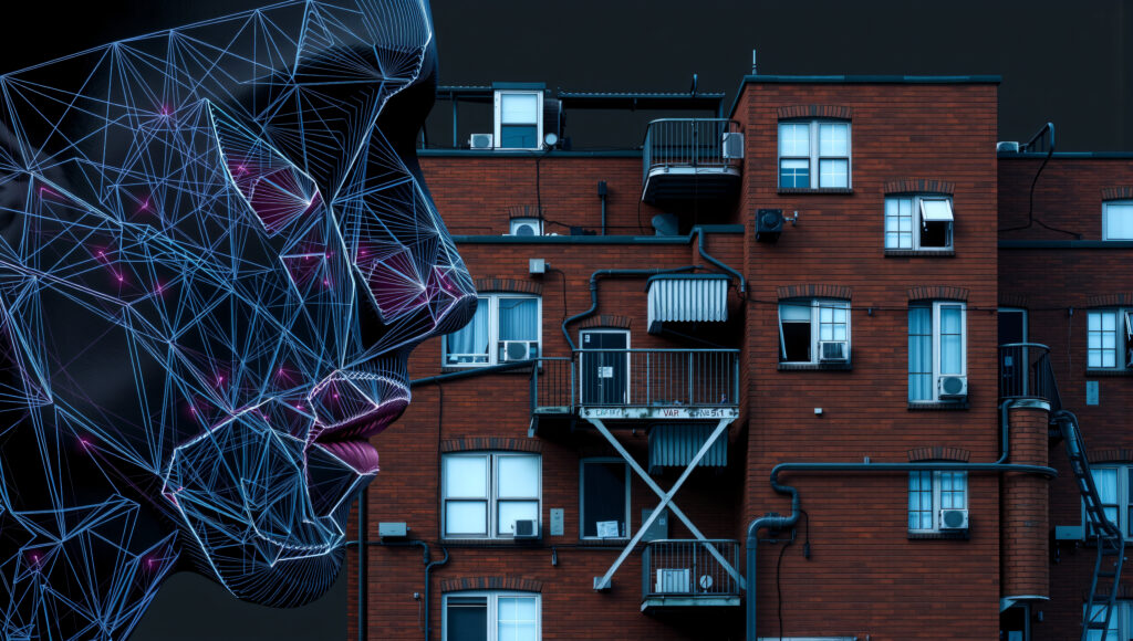 Digital Wireframe Portrait Over Urban Apartment Building