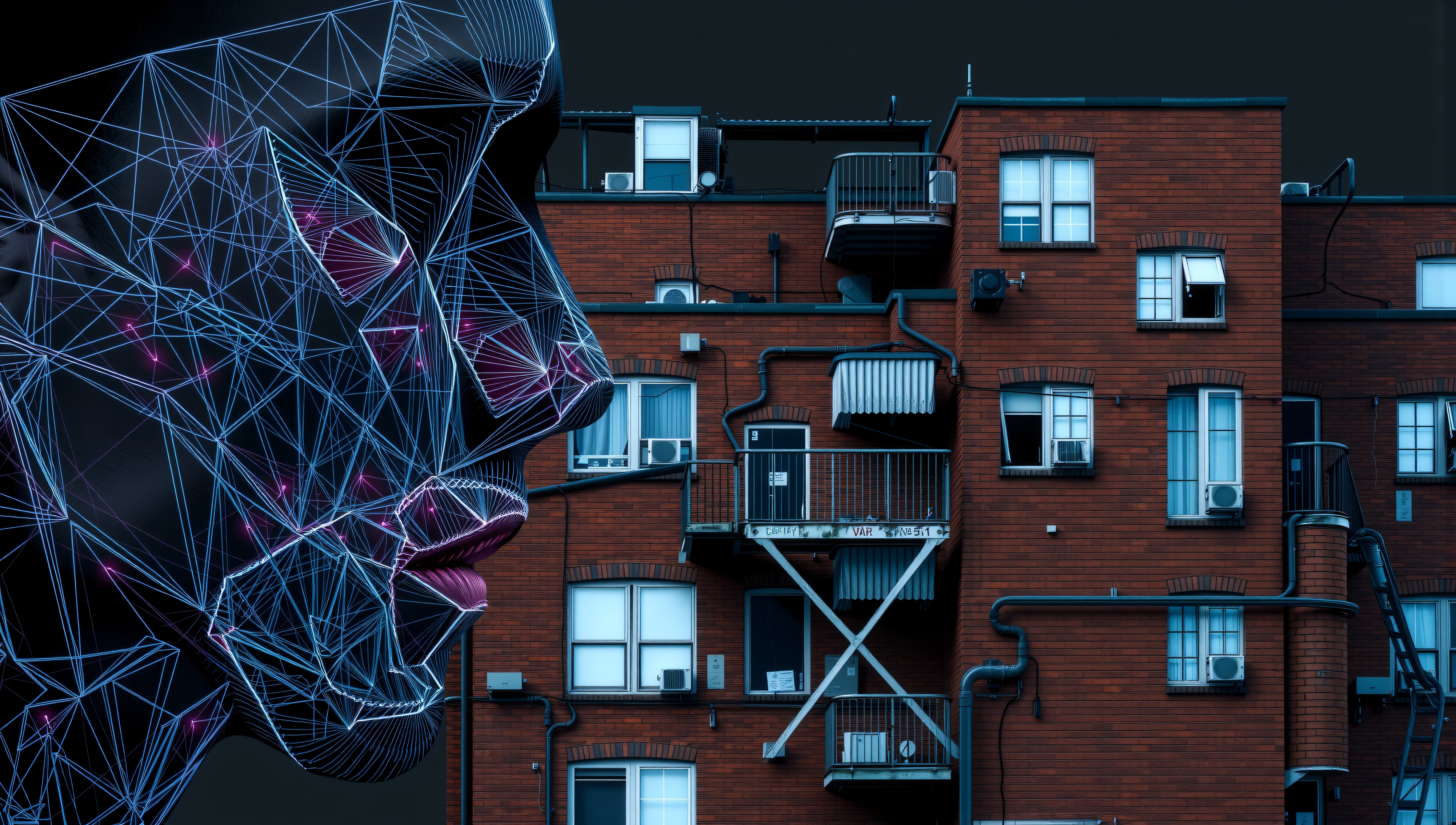 Digital Wireframe Portrait Over Urban Apartment Building