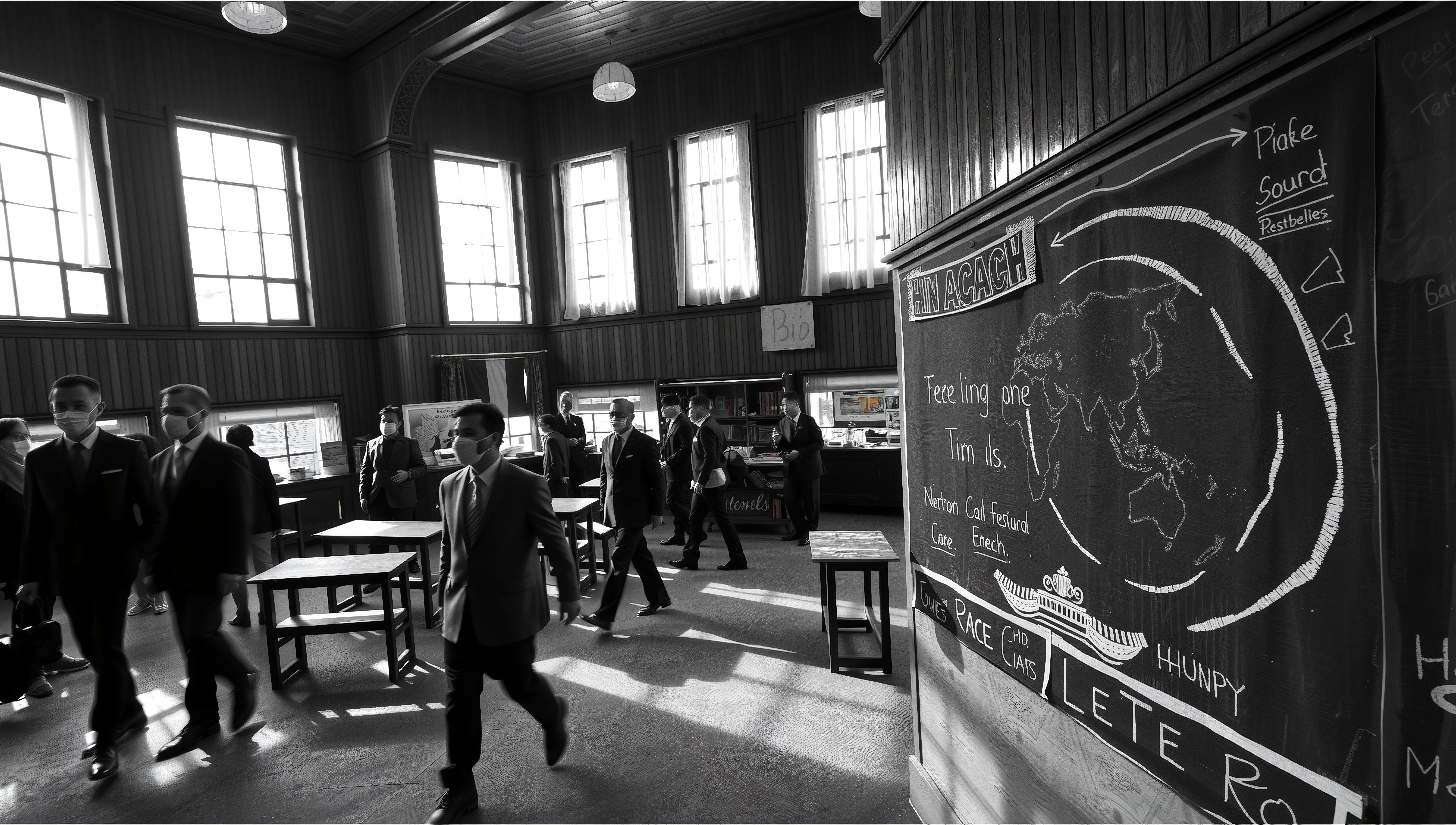 Vintage Schoolroom with Masked Business Professionals and Chalkboard World Map