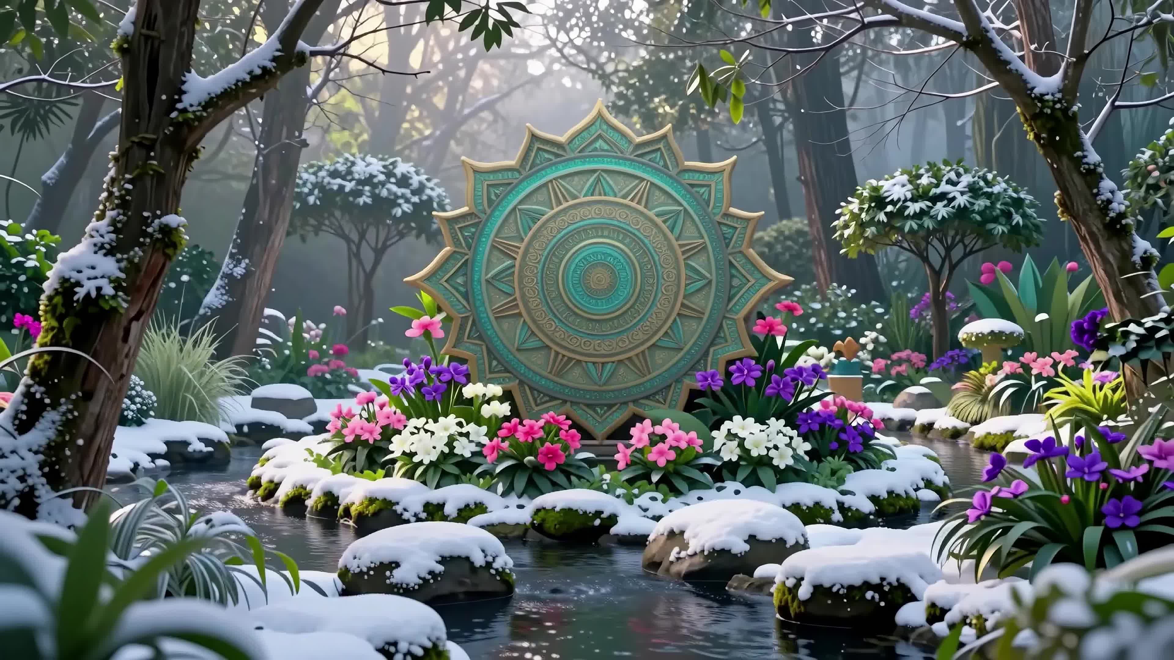 4K video of a serene snow-dusted garden with colorful flowers surrounding a radiant mandala under golden sunlight.