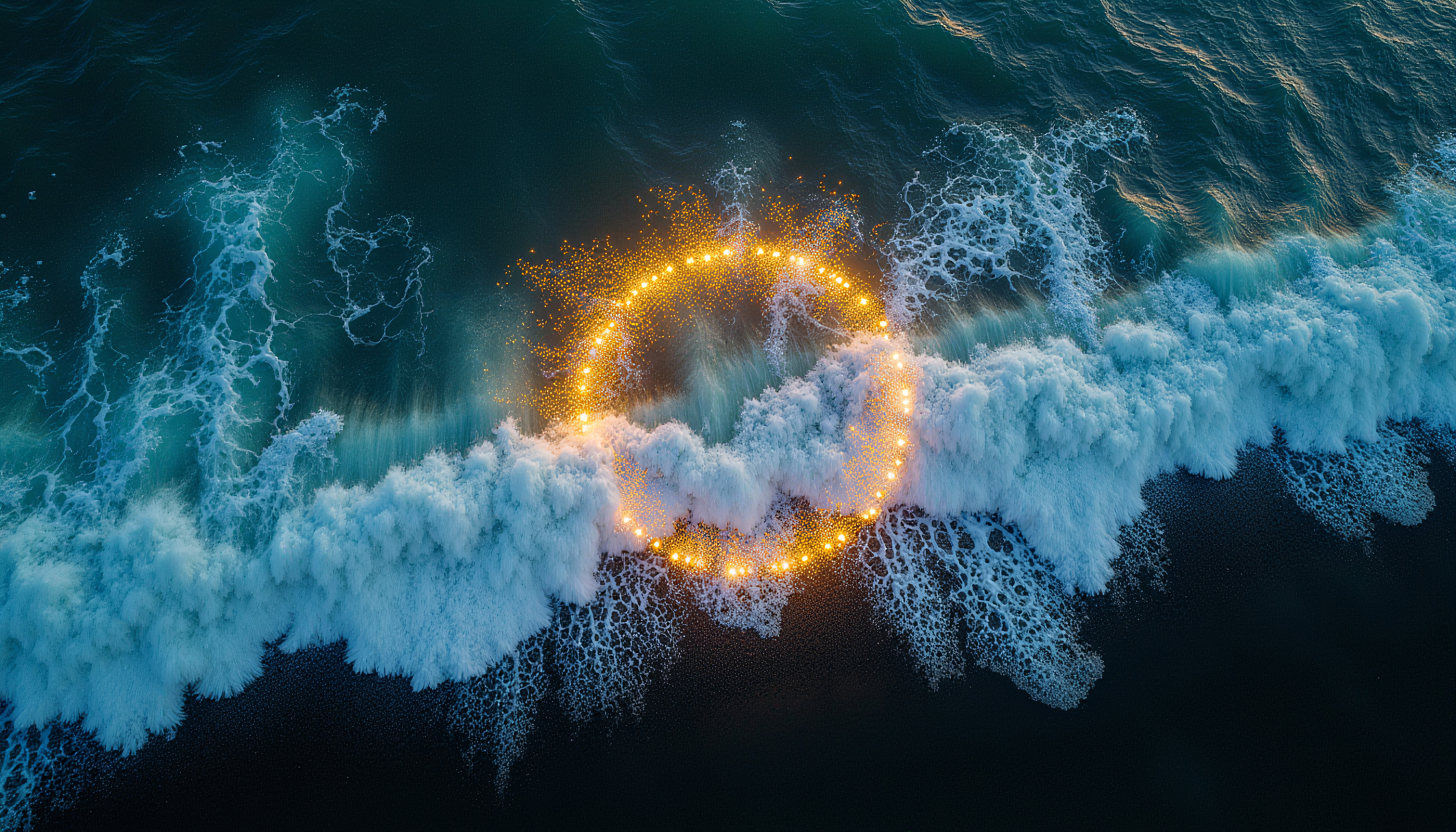 Glowing Ocean Wave Circle with Golden Light Particles