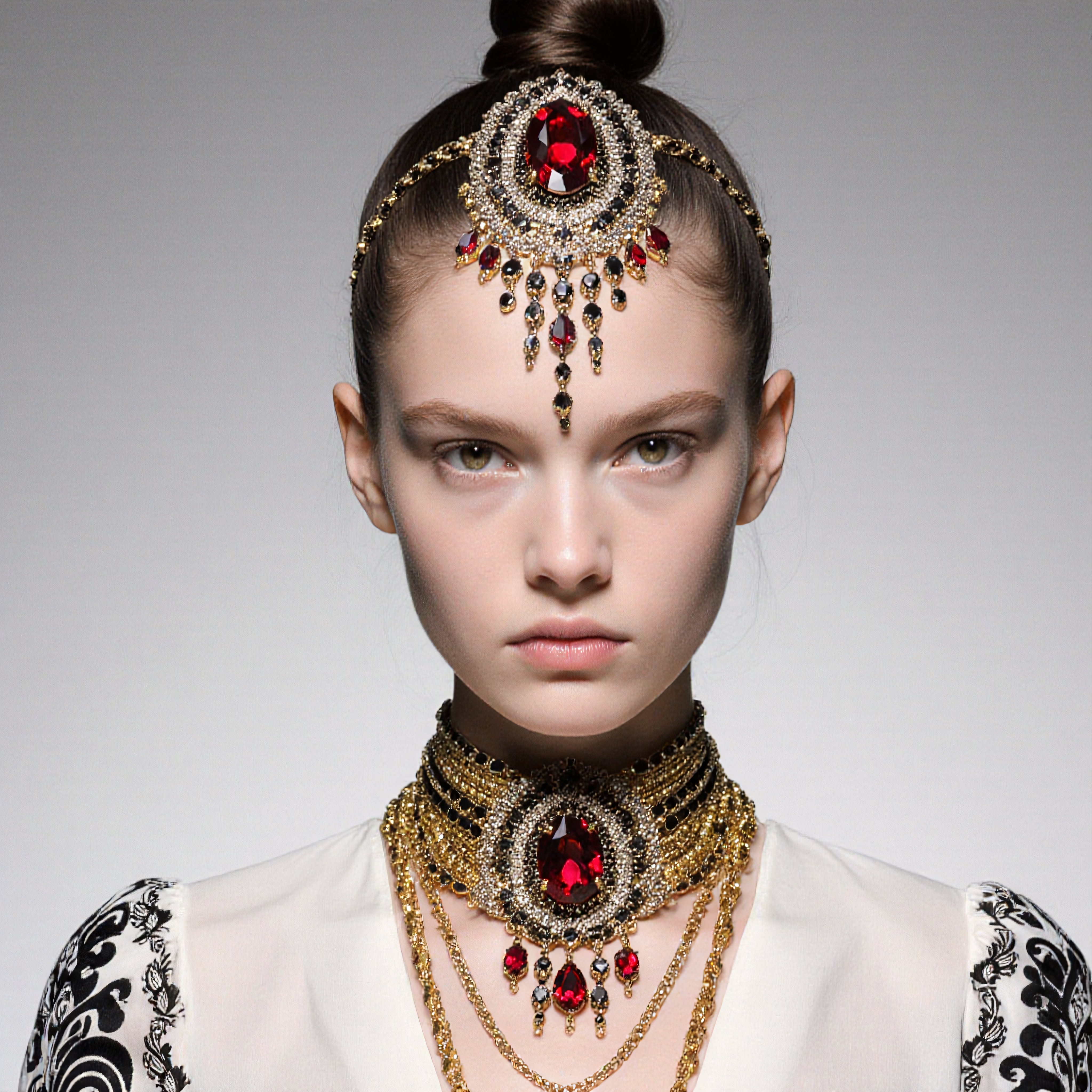 Model wearing ruby and gold headpiece and choker jewelry in high-fashion styling