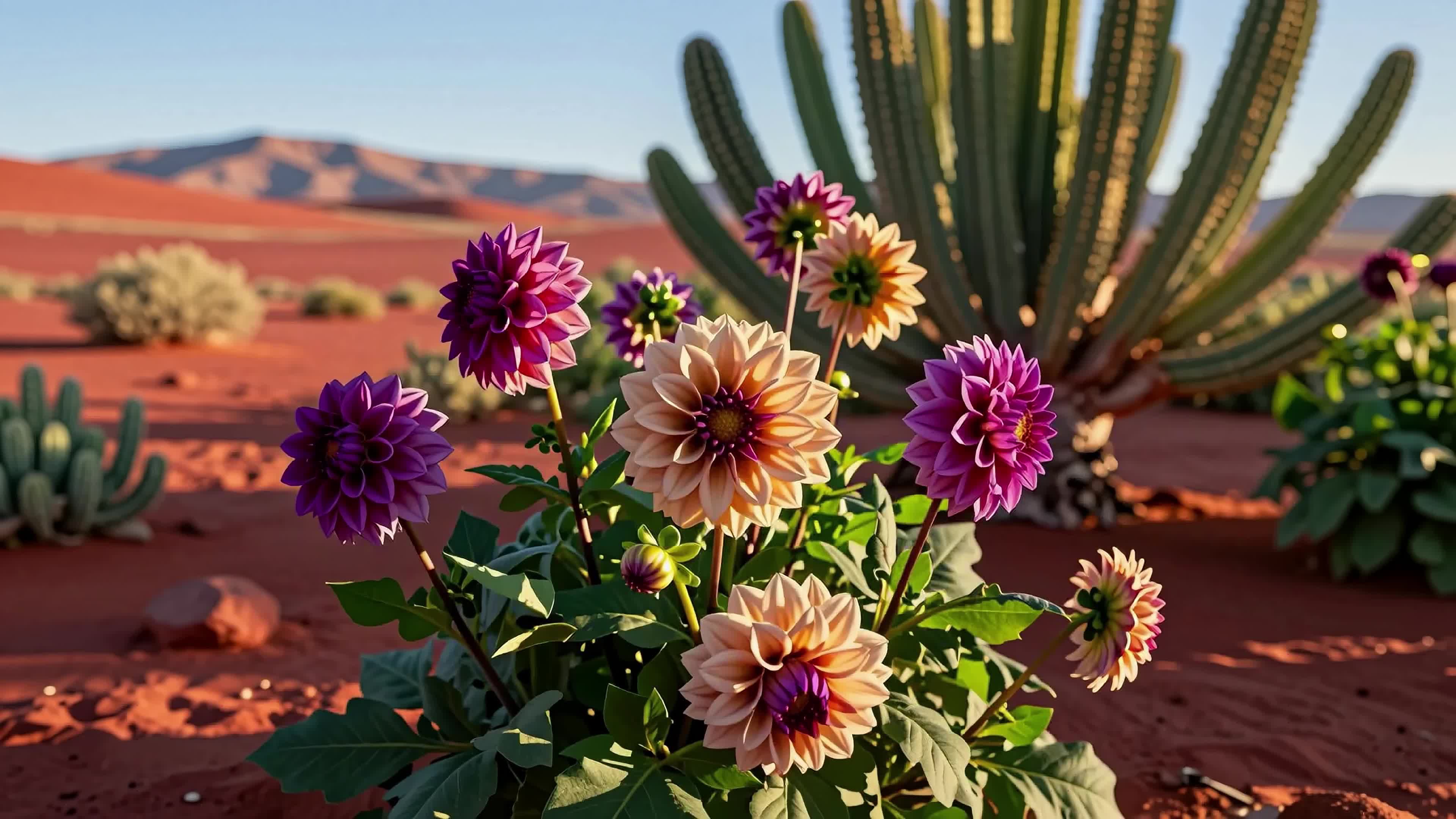 4K Video of Vibrant Dahlia Flowers Bloom Amidst Red Sand Dunes and Cacti in Surreal Desert Landscape