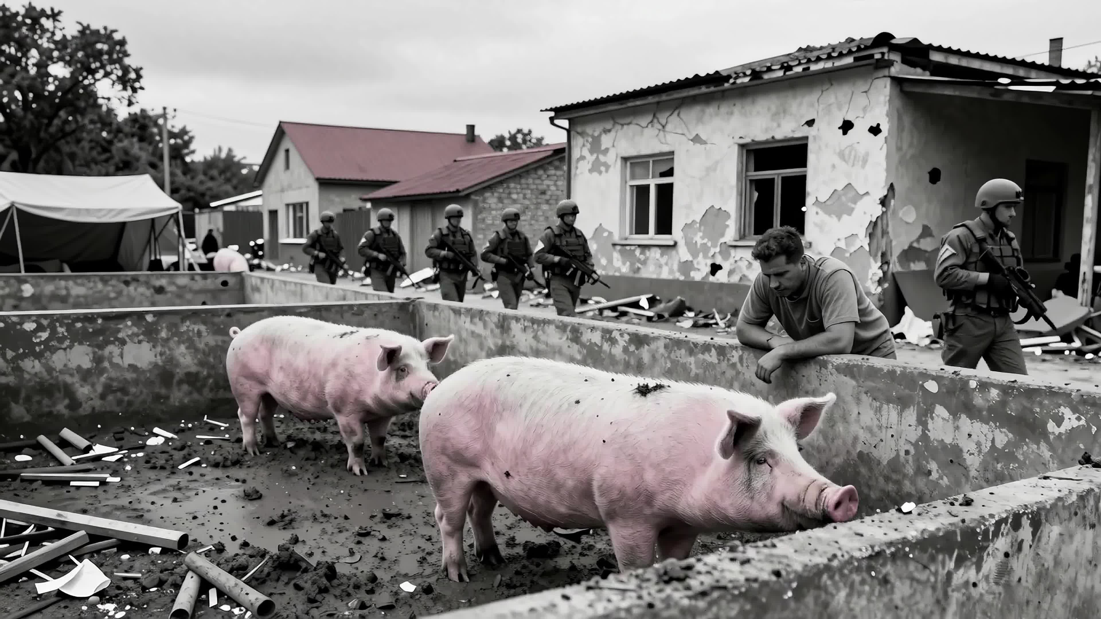 Soldiers patrol ruined pigpen where defenseless pigs endure wartime neglect among crumbling structures, 4K video.
