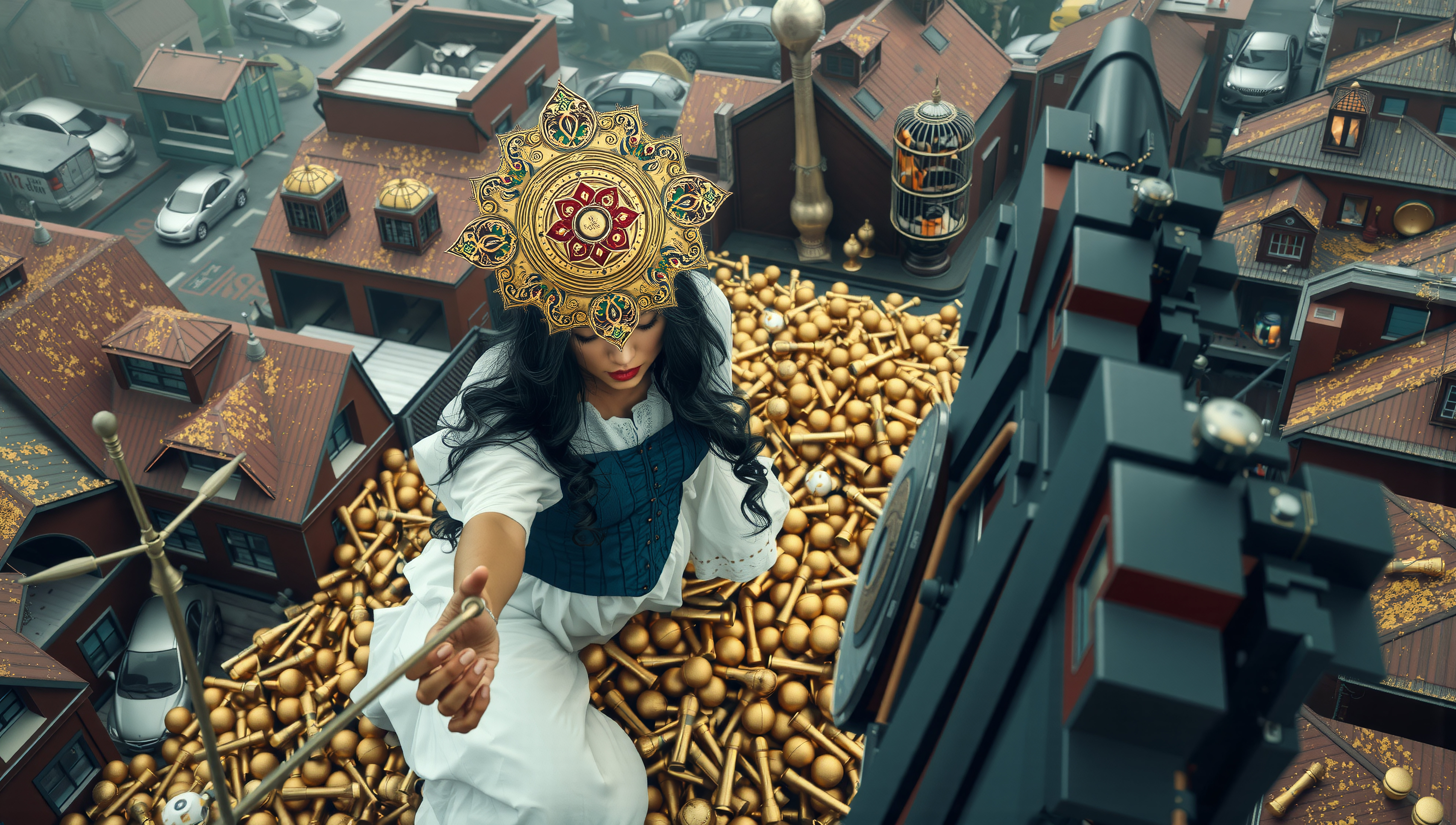Woman with Golden Headpiece Amidst Gold Coins on Miniature Rooftop Cityscape