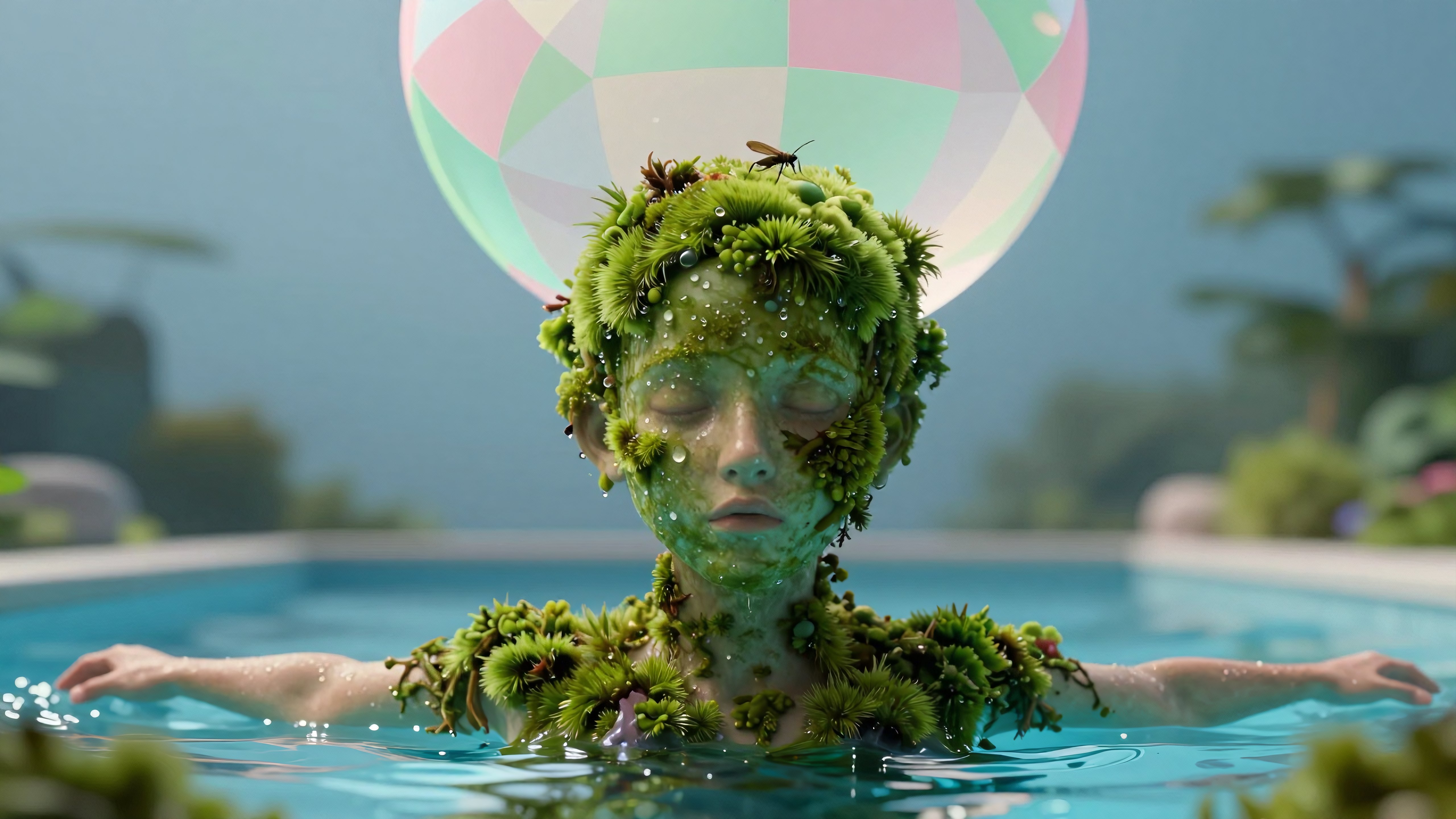 Surreal Figure with Moss in Swimming Pool Under Floating Beach Ball