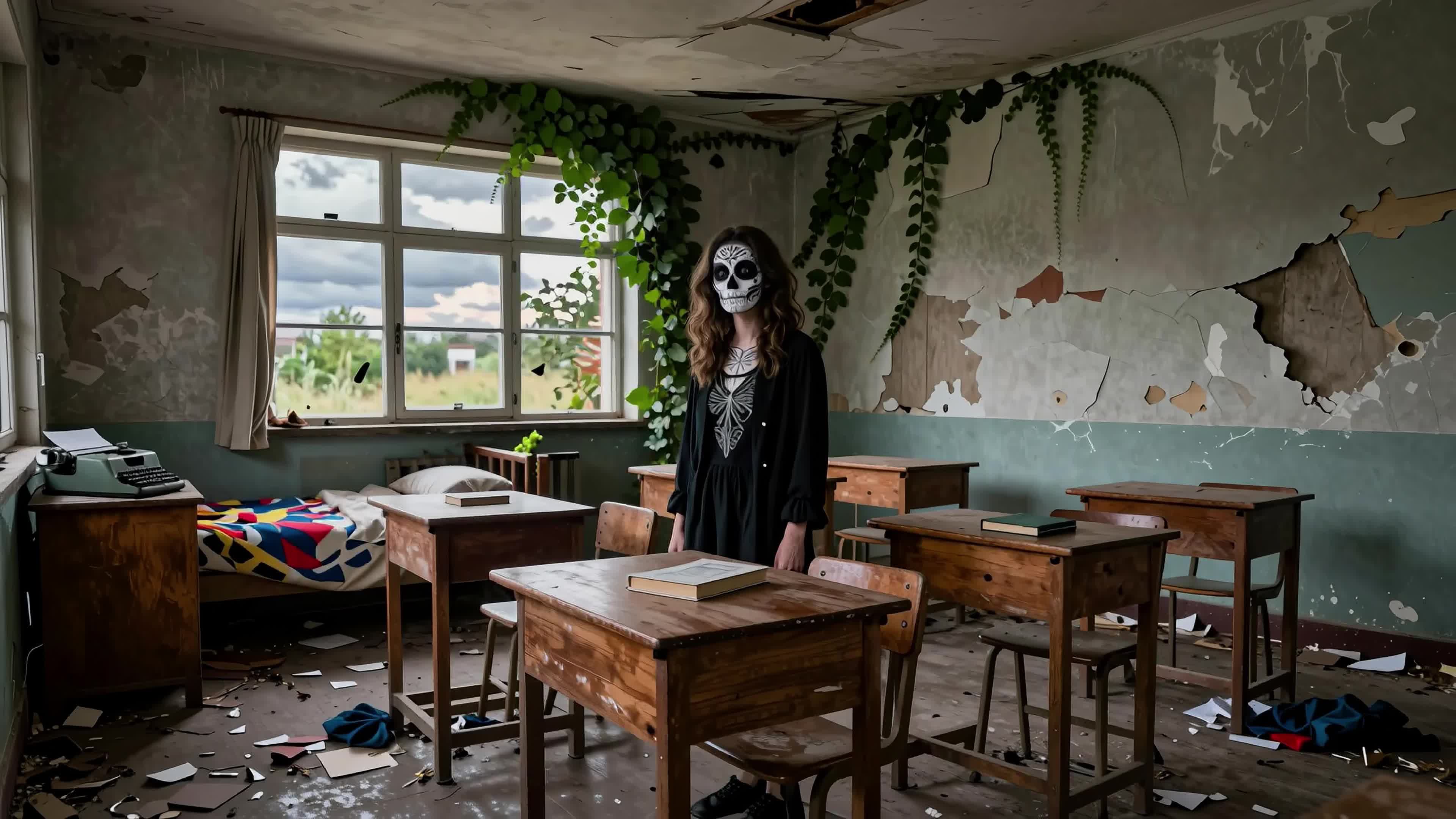 4K video of a haunting skeletal woman standing amidst ruined classroom filled with ivy, dust, books, and vintage objects.