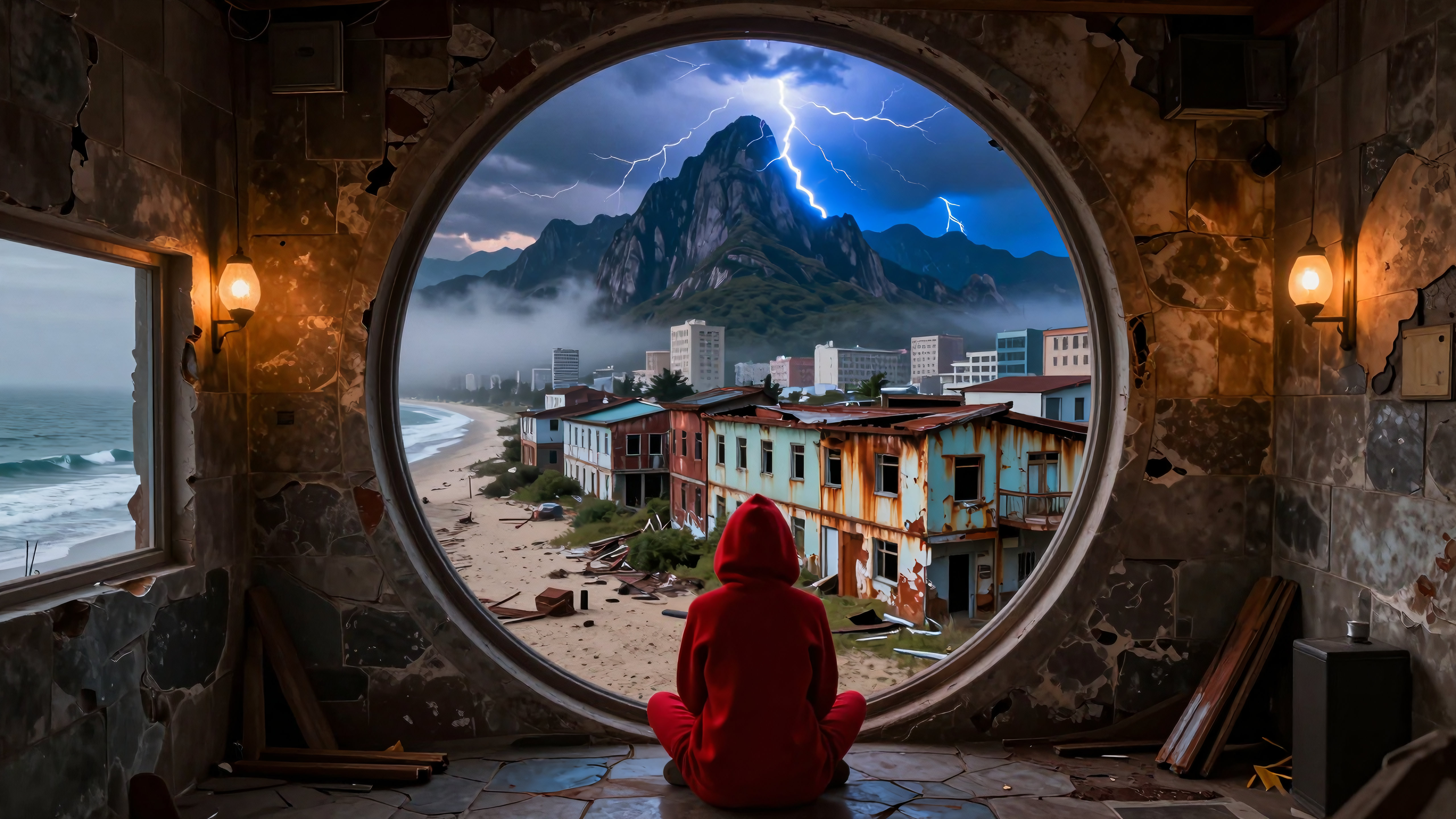 Red Hooded Figure Contemplating Stormy Coastal Landscape Through Ruined Window