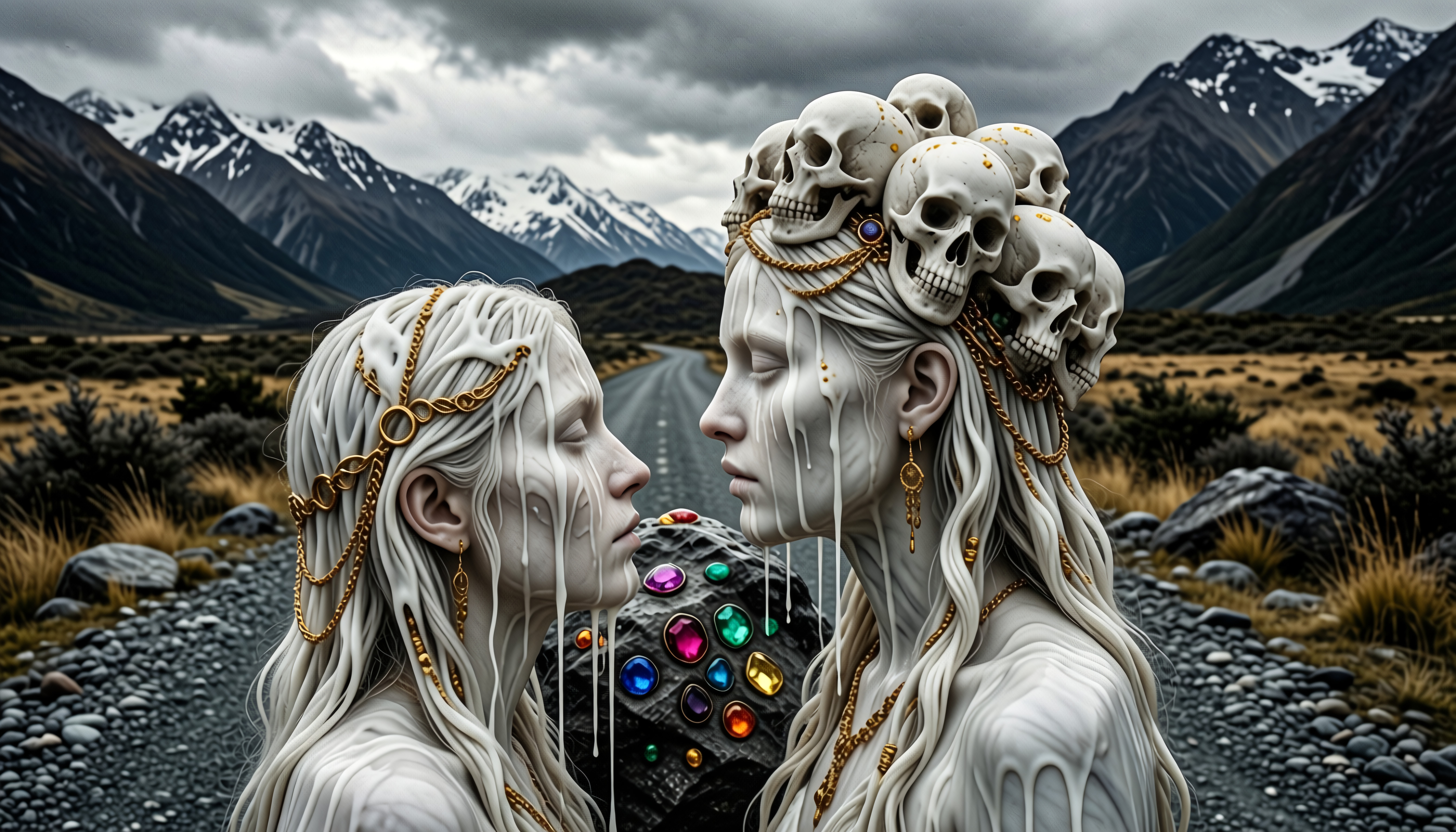 Surreal Skull-Crowned Figures Against Mountain Backdrop