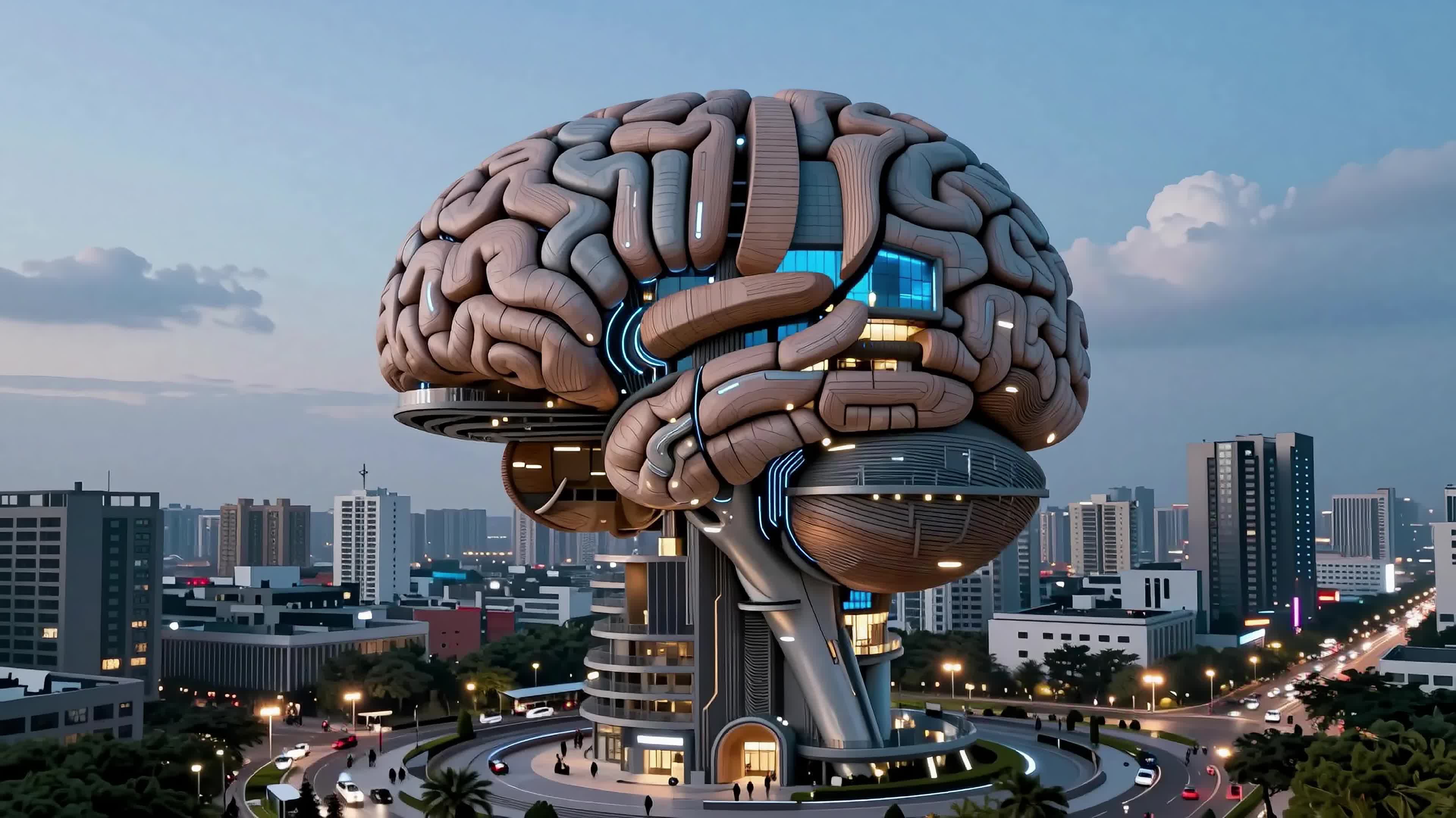 4K Video Futuristic Brain Skyscraper Illuminates Urban Nightscapes – Architectural Marvel Synthesizes Intelligence and Innovation