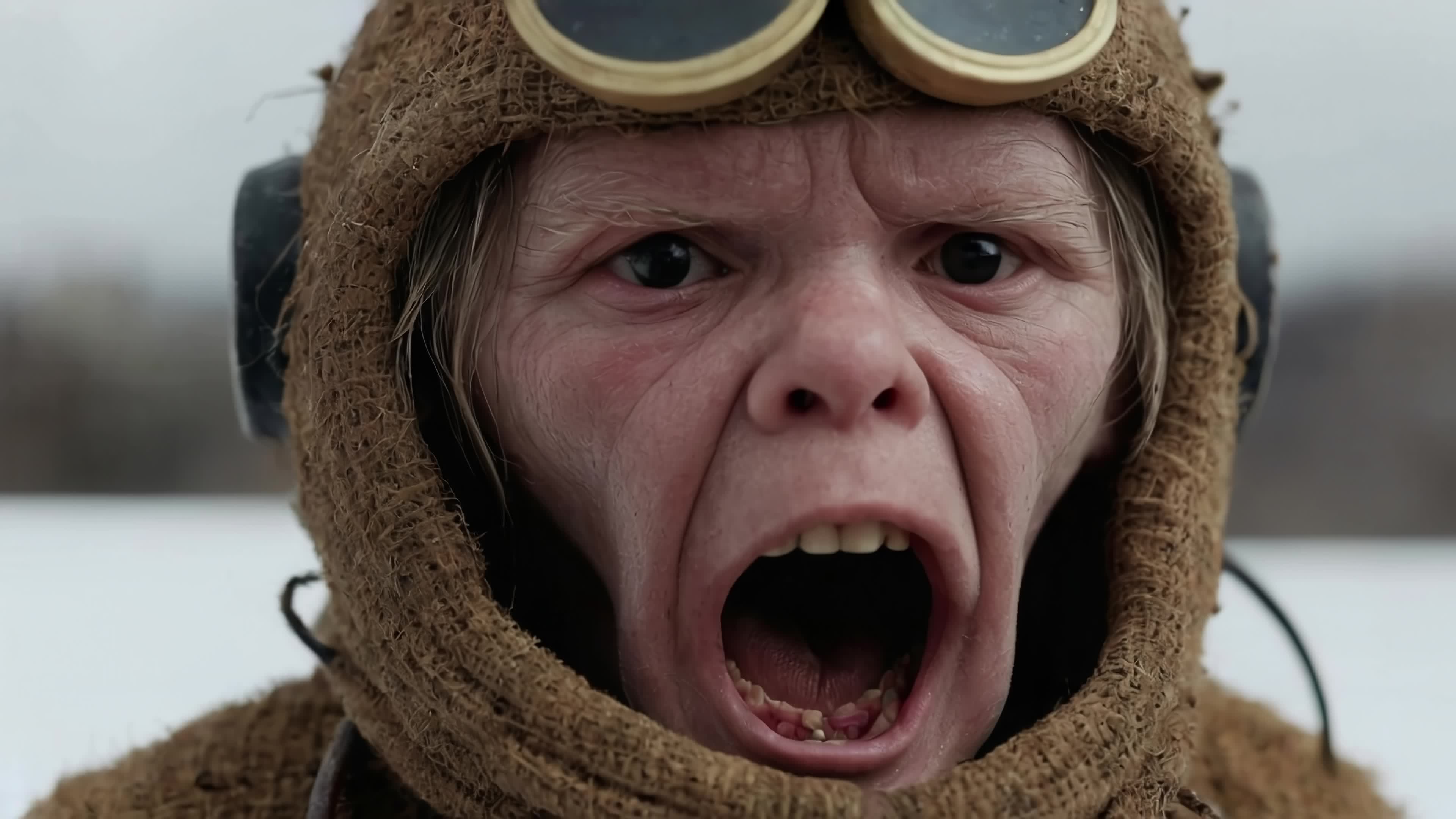 4K video Frozen warrior screams through blizzard-laden sky wearing rugged aviator gear.