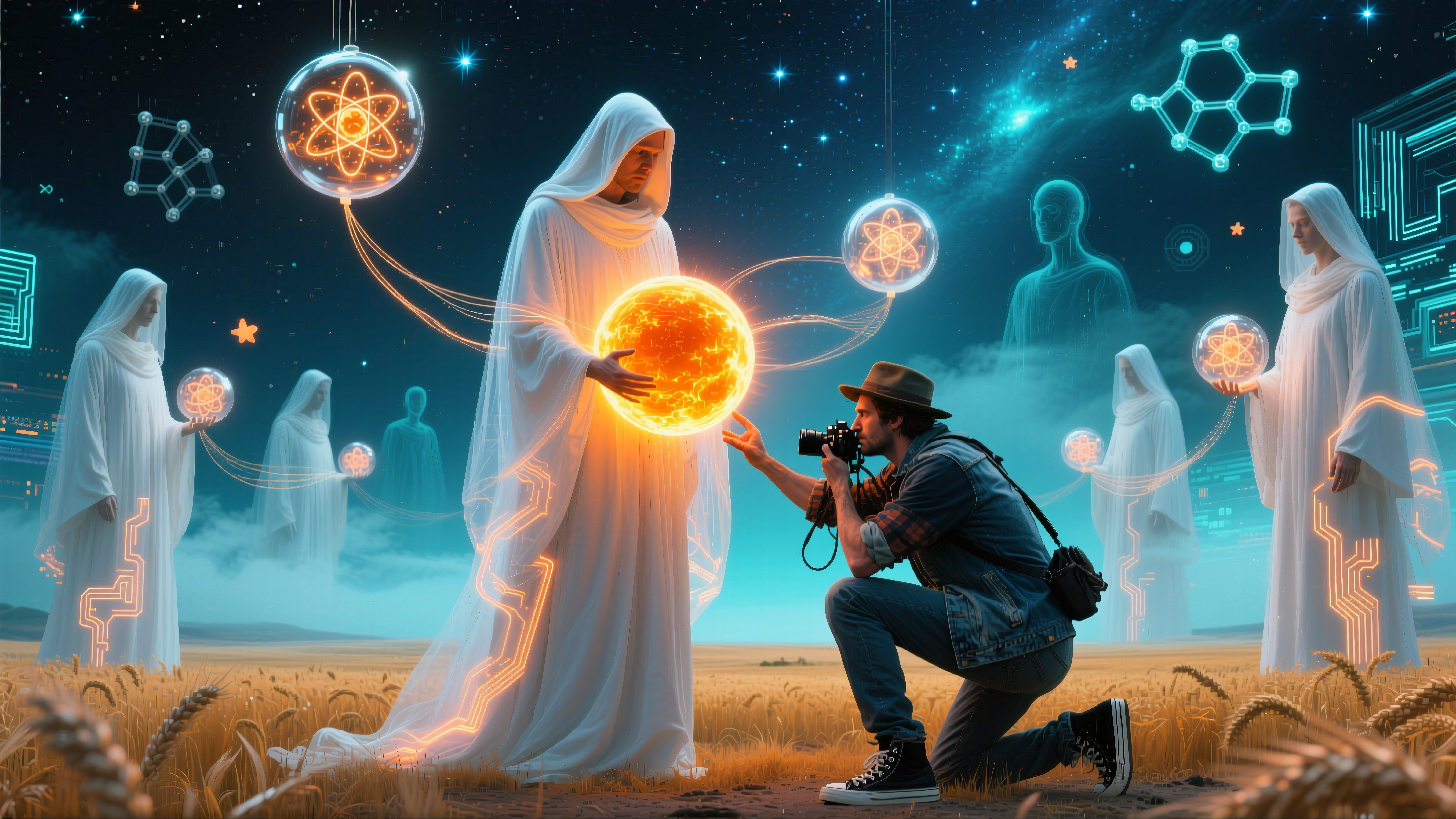 Photographer Capturing Divine Figure with Solar Sphere in Futuristic Landscape