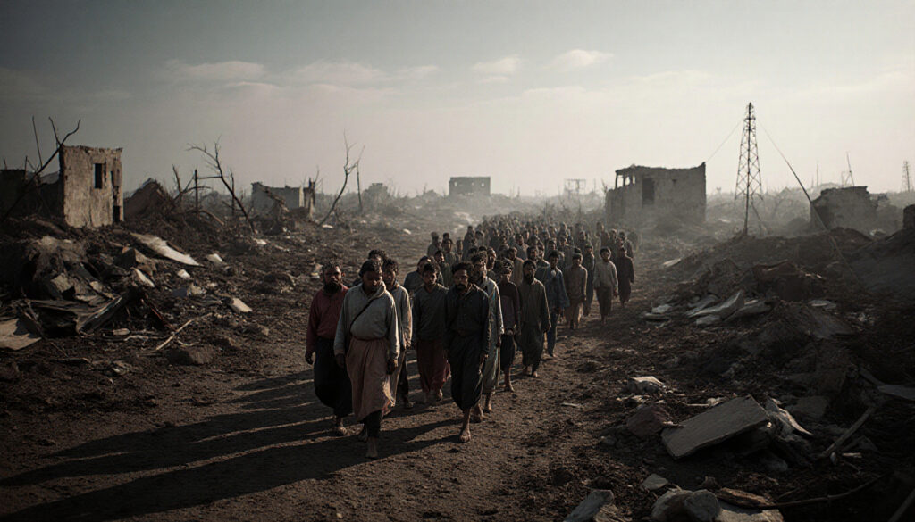 Group of men walking through a devastated urban landscape under overcast skies