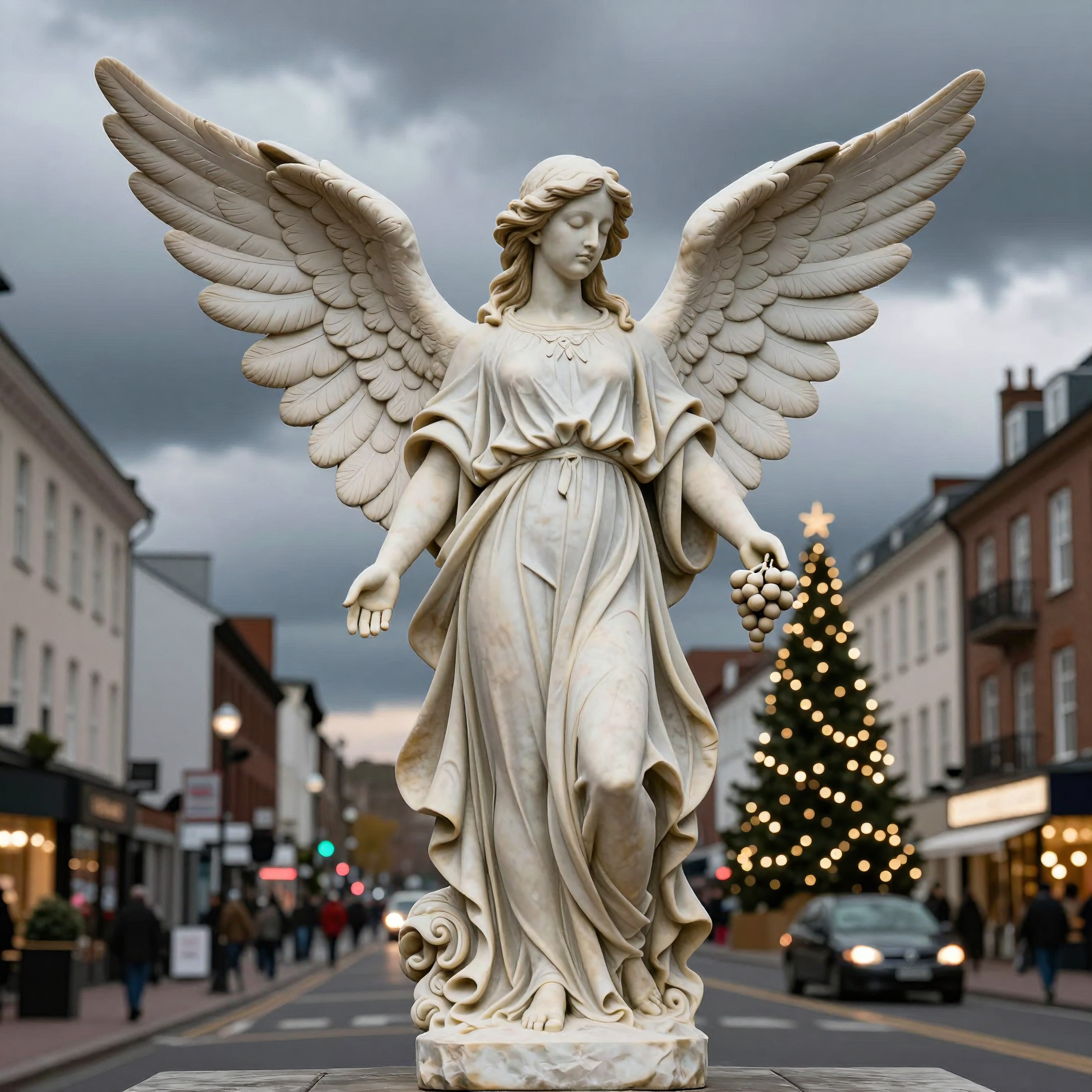 Angel Statue with Grape Bunch in Urban Street During Christmas Season