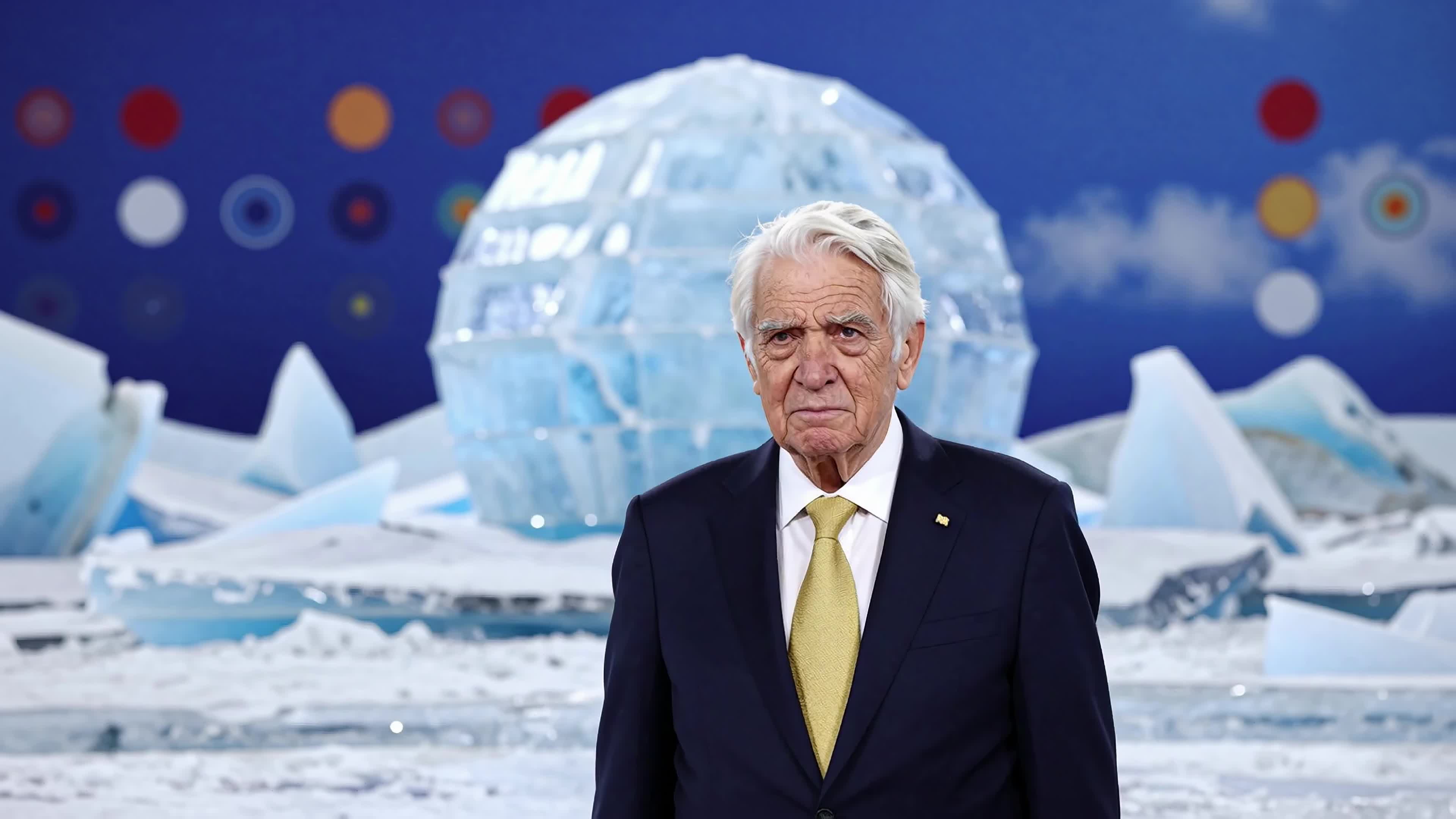4K video formal elder standing before mystical icy planetarium with swirling stars and drifting snowscape.