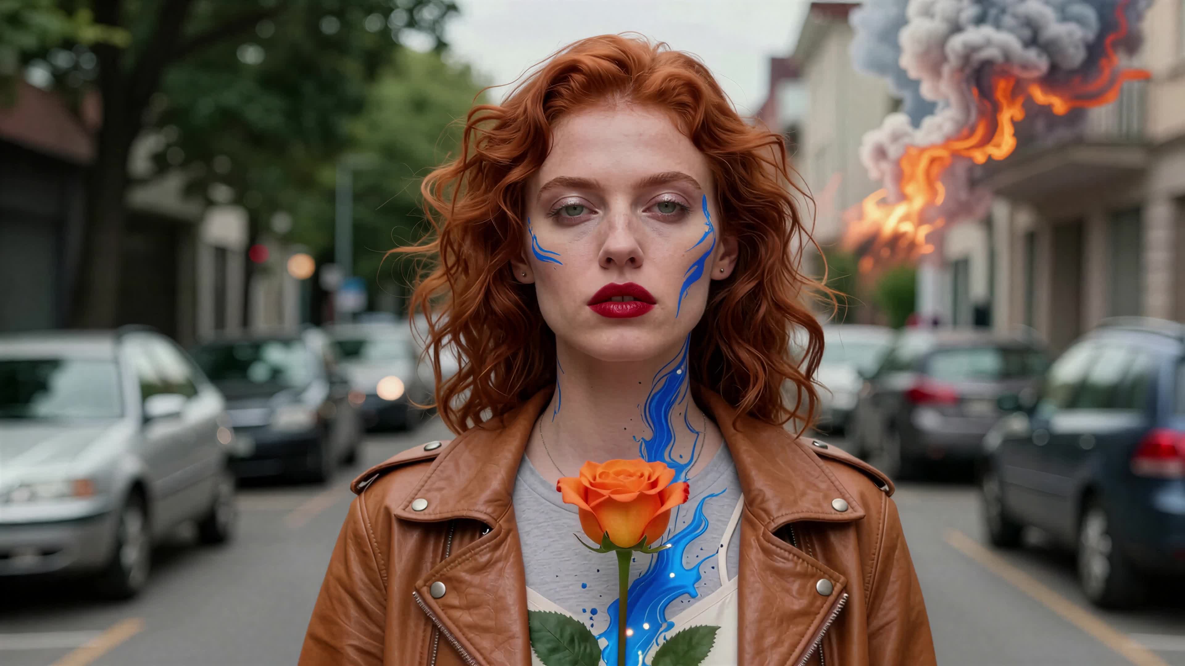 Defiant redhead holding orange rose amidst burning cityscape with blue painted facial markings – edgy urban fantasy AI 4K Video.