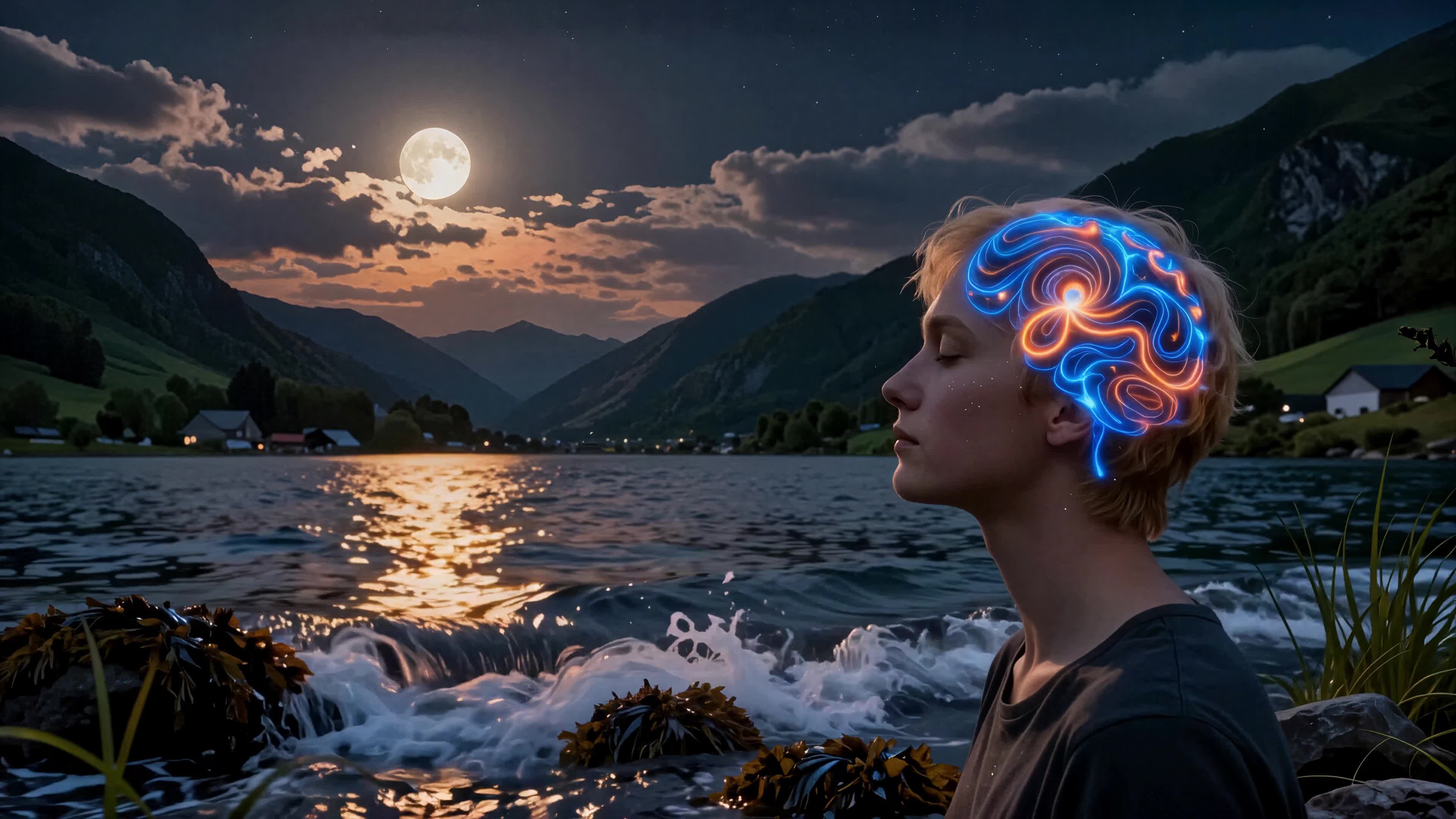 4K video of a young boy meditating by lakeside beneath glowing moon with holographic brain activity visible.