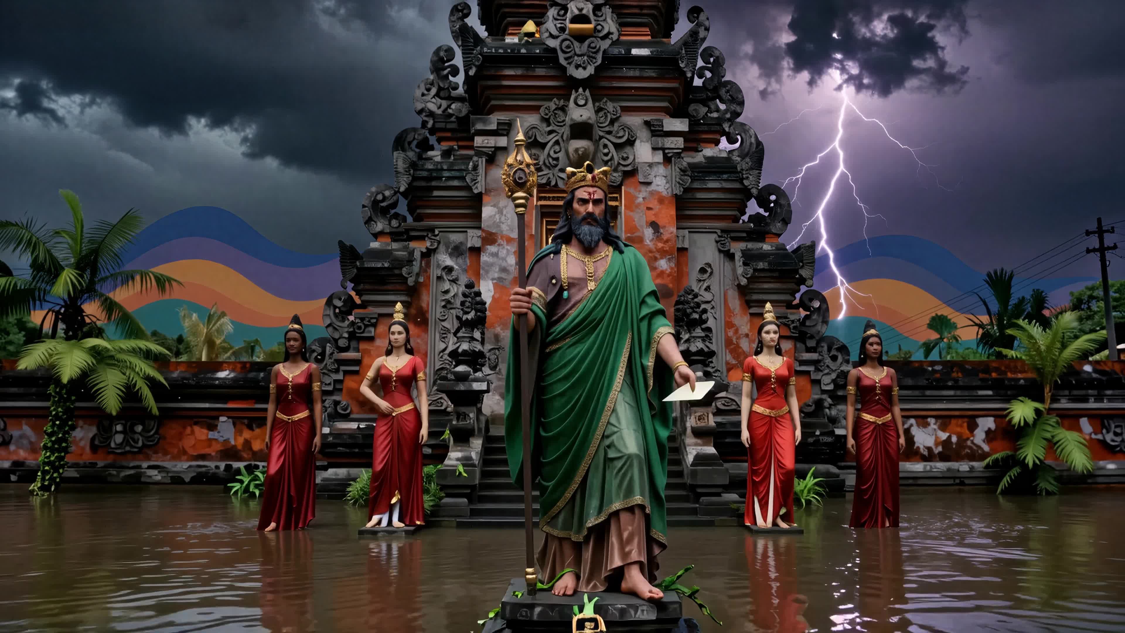 4K video sacred statue amidst tropical tempest: Divine ruler commands storms over Bali's mystical sanctuary — vibrant culture meets celestial power beneath crashing waves and electric sky.