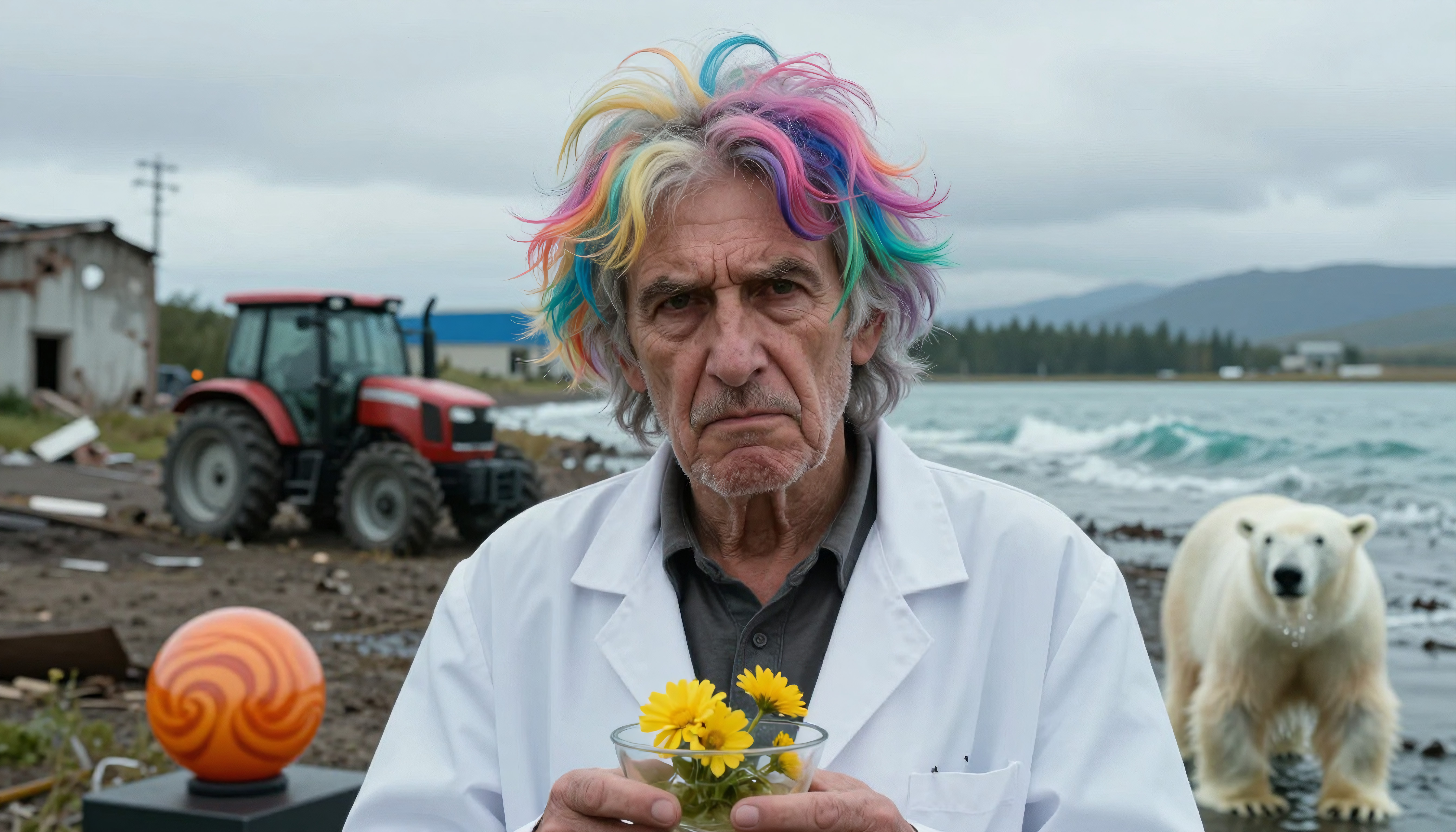 Elderly Scientist with Rainbow Hair Holding Flowers Near Polar Bear and Tractor