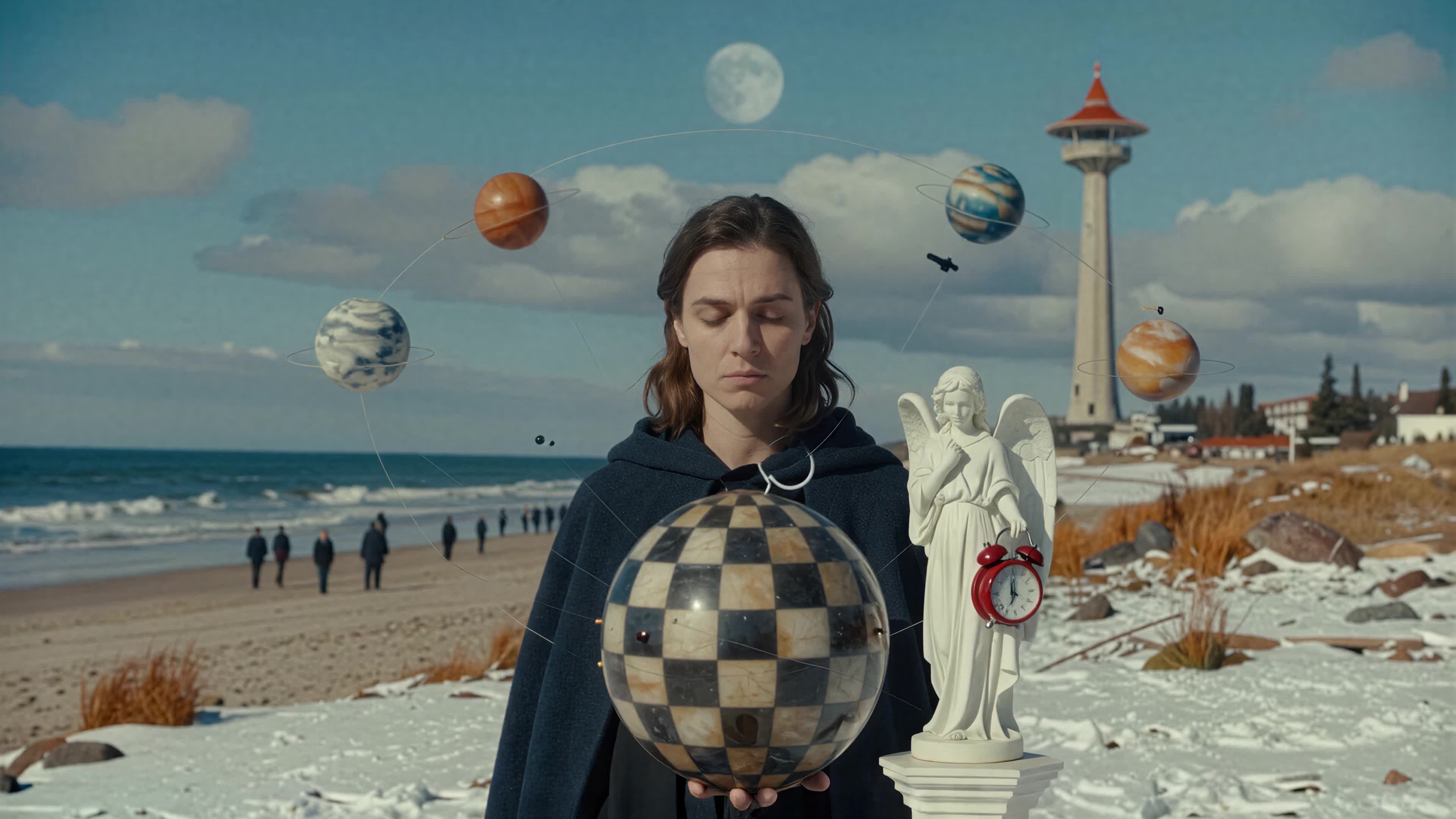 4K video of a mystical figure holding celestial sphere amidst snowy beach with floating planets and angel statue holding alarm clock.