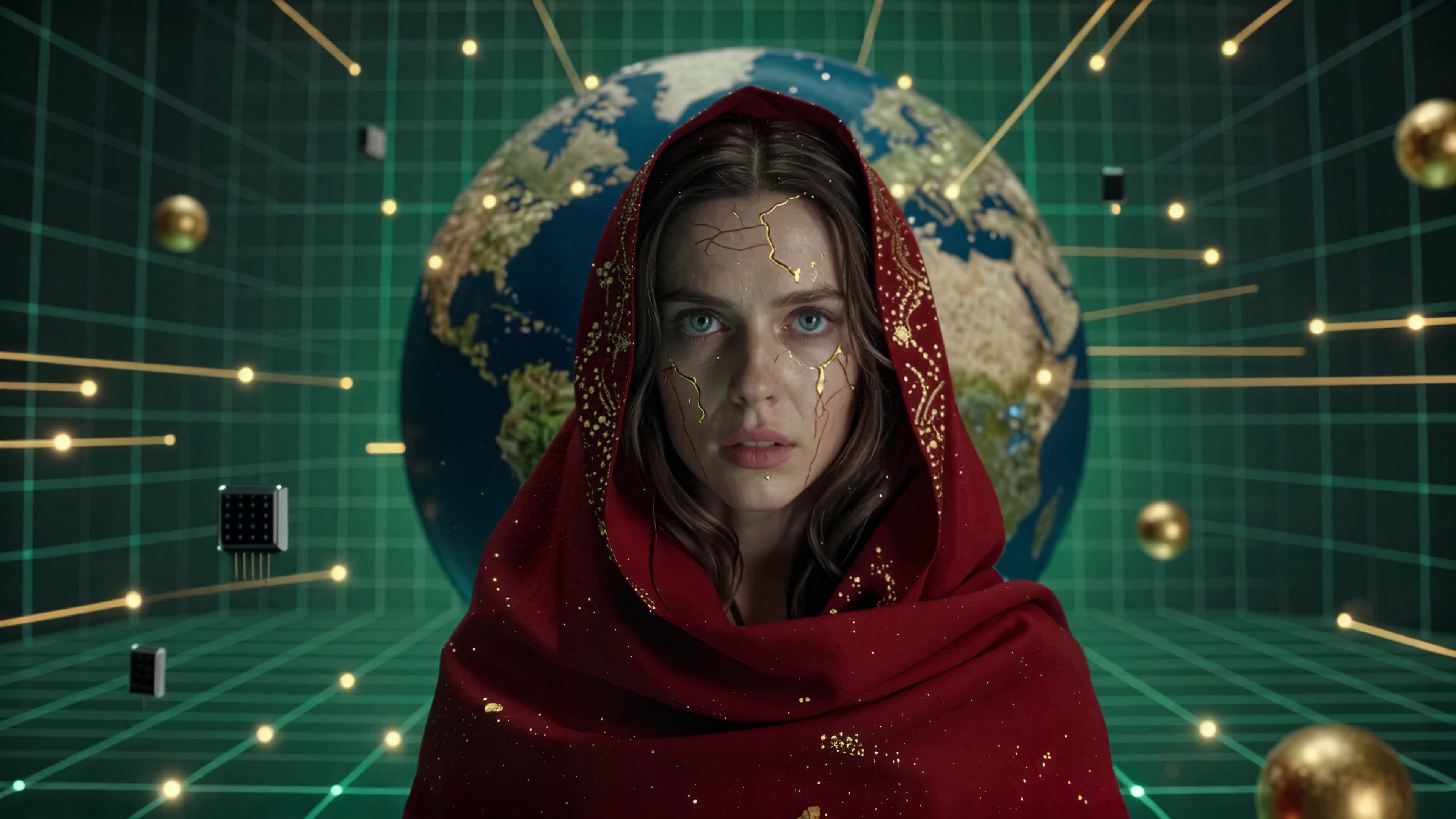 4K video of a woman with cracked golden facial markings against a digital globe backdrop, evoking themes of environmental collapse and techno-dystopian prophecy.