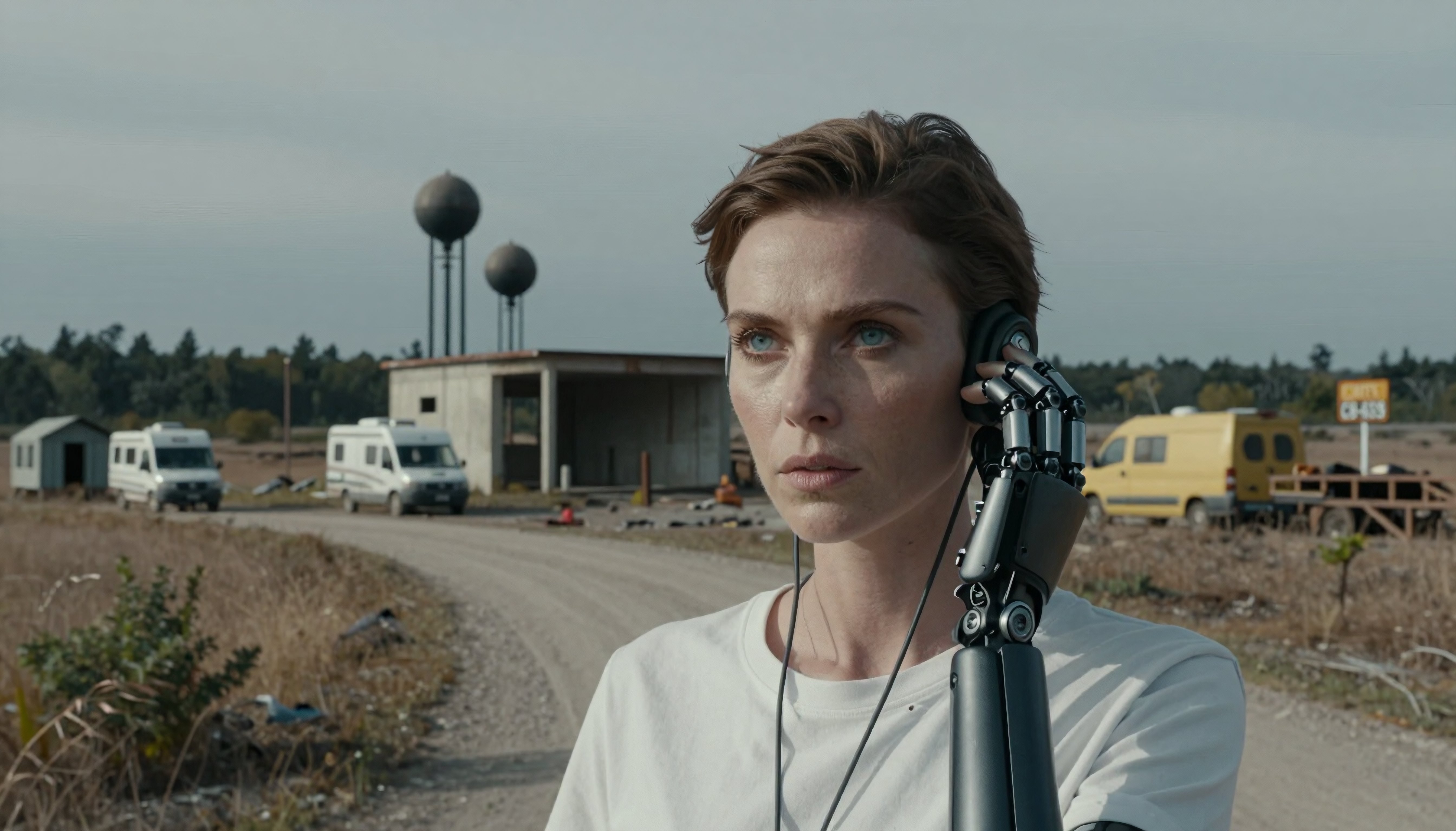 Person with Robotic Arm Communication in Rural Landscape