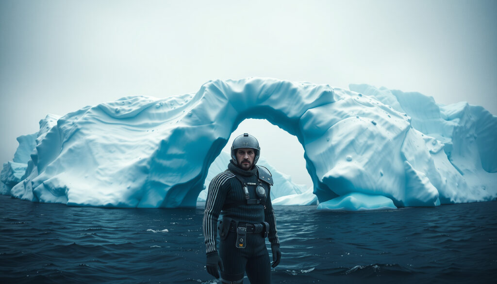 Polar Explorer in Futuristic Suit Before Ice Arch