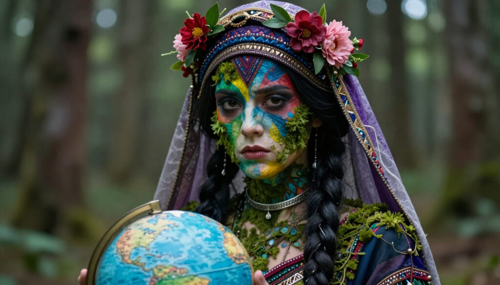 Enchanted Earth Guardian with Vibrant Face Paint and Globe in Forest