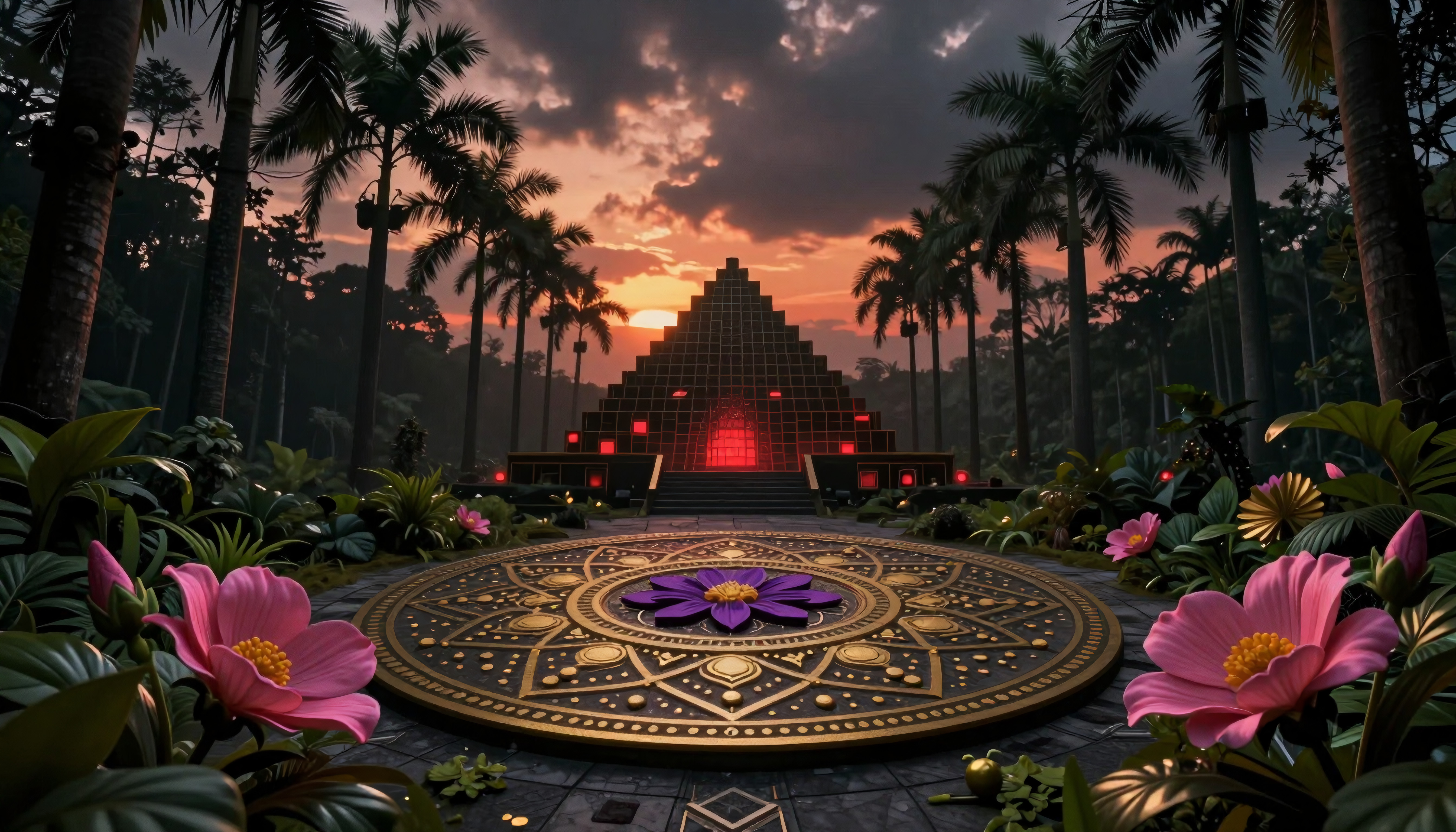 Ancient Pyramid with Glowing Red Accents and Stone Circle in Tropical Jungle Sunset