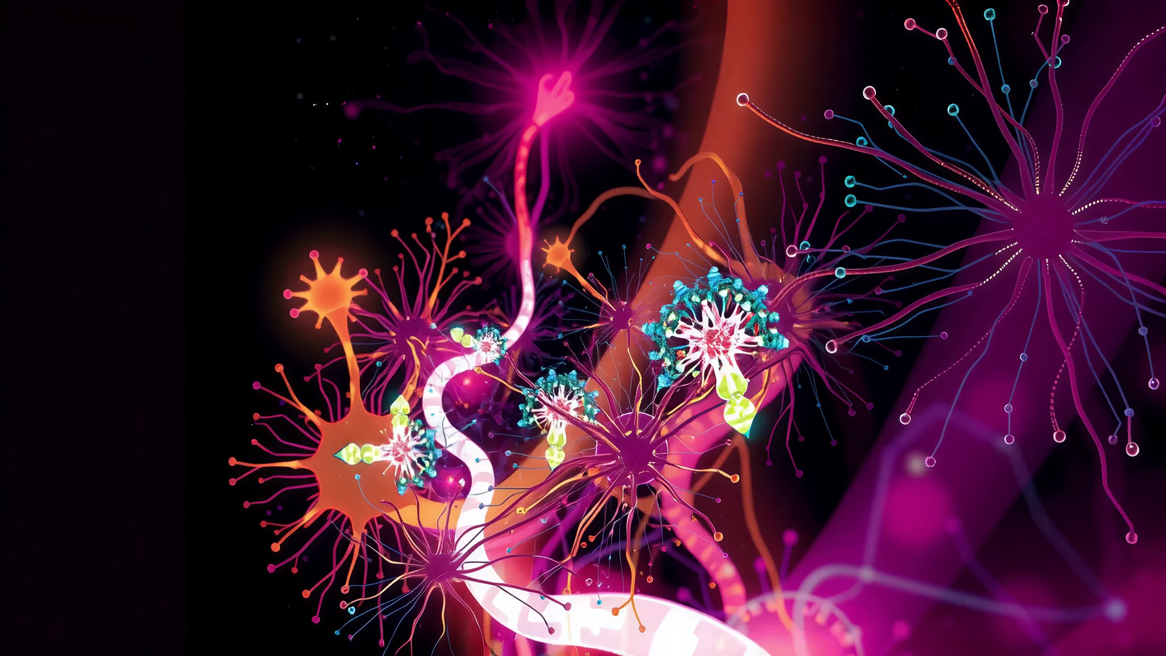 4K video of vibrant neurons bursting into life against an otherworldly cosmic backdrop.