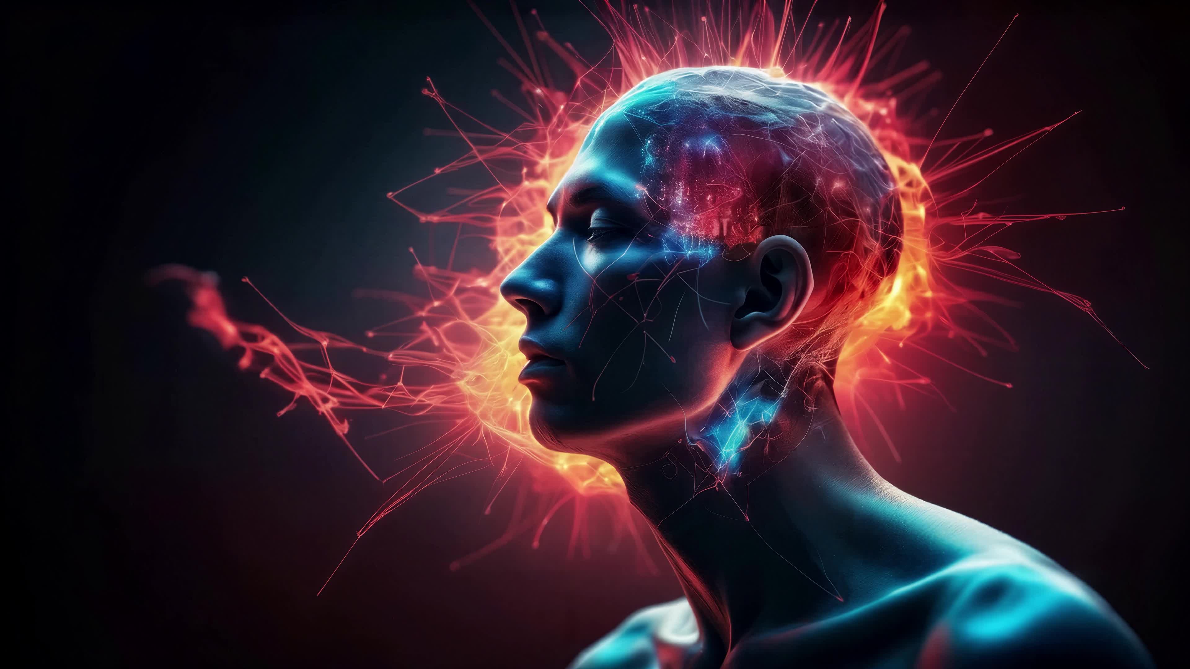 4K video of a futuristic humanoid bust radiating fiery digital energy representing AI-human hybrid consciousness.