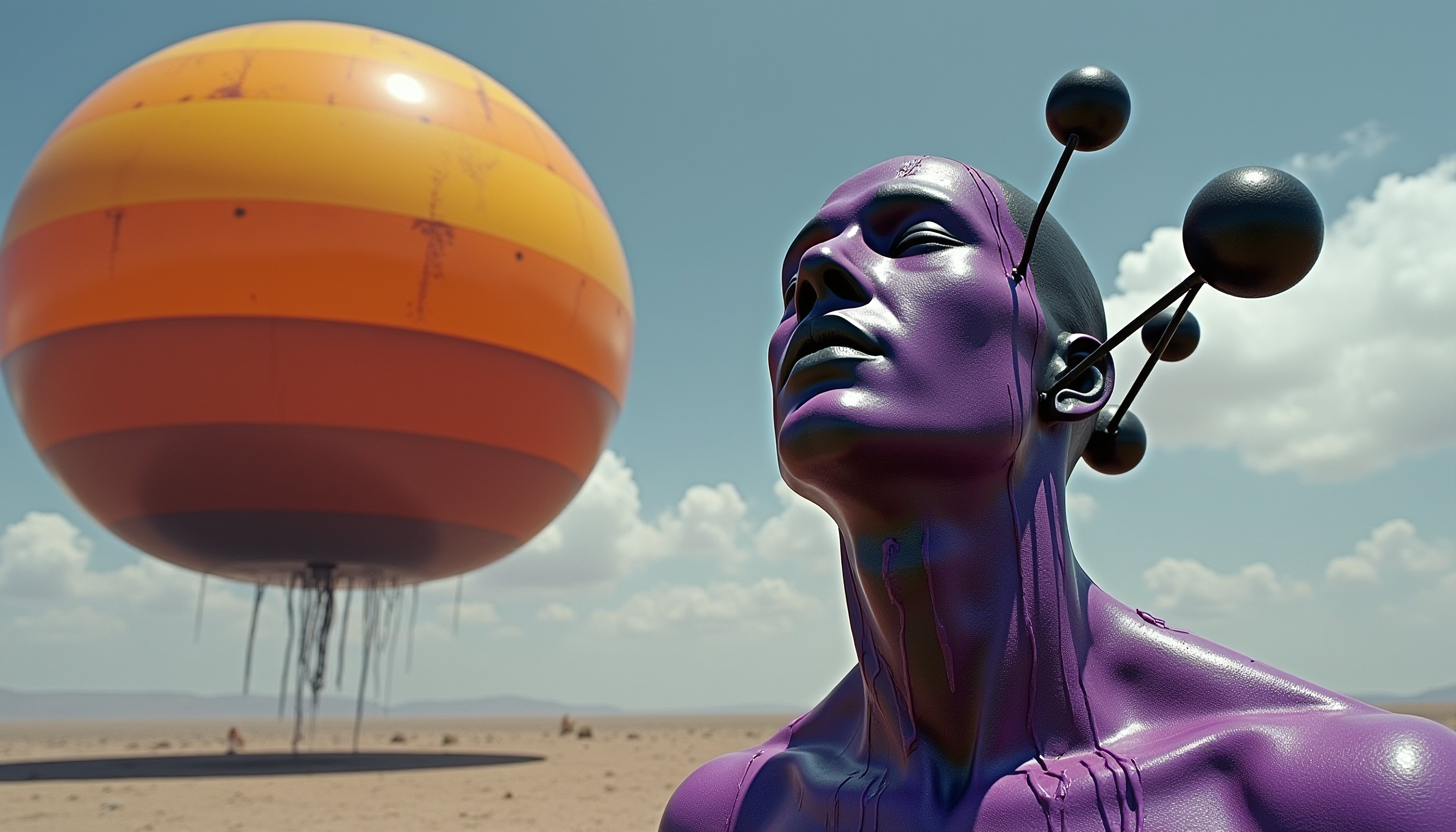 Purple Humanoid Figure with Antenna Structures in Desert Landscape