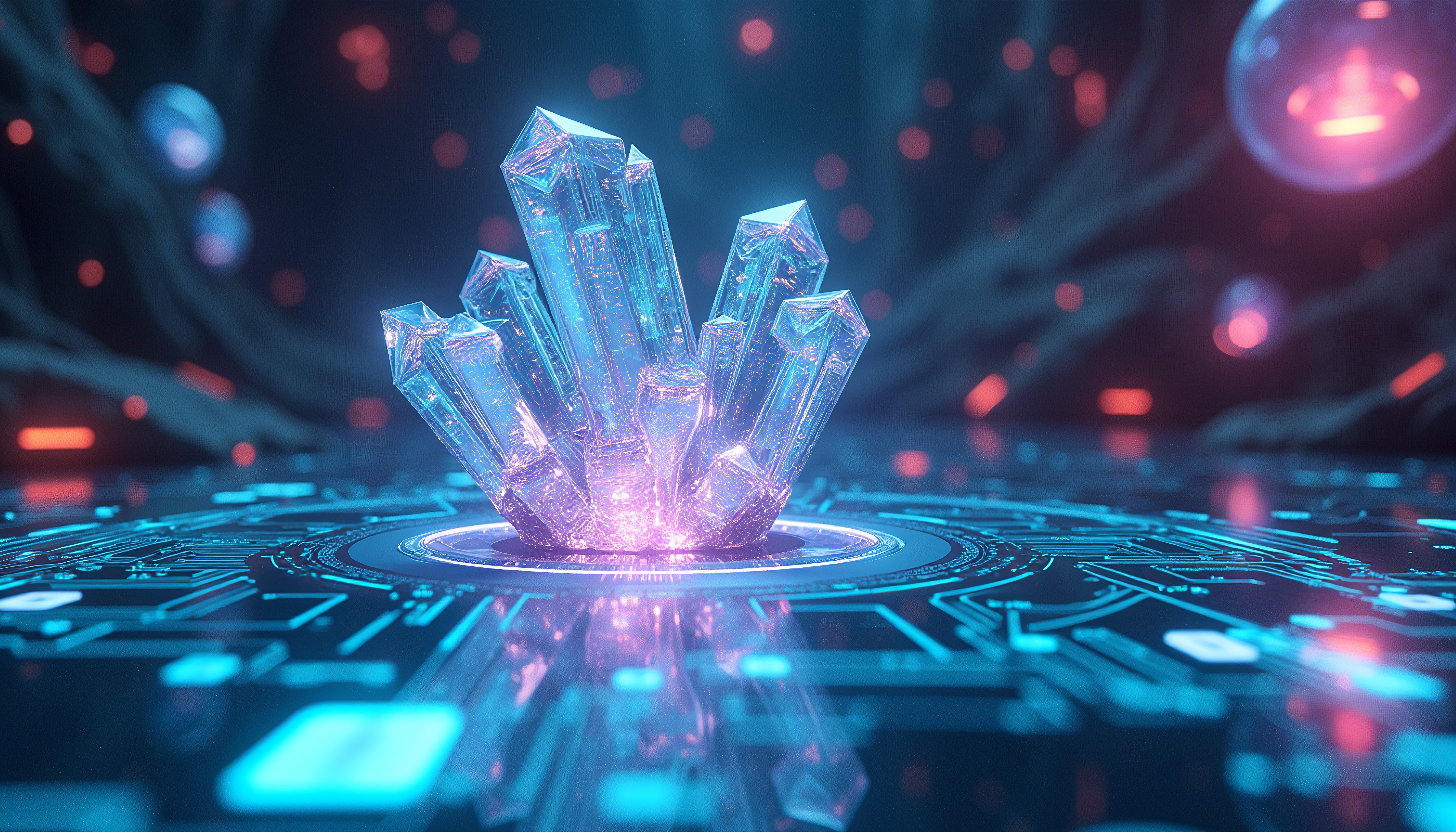 Futuristic Crystal Array on Digital Circuit Board with Neon Glow