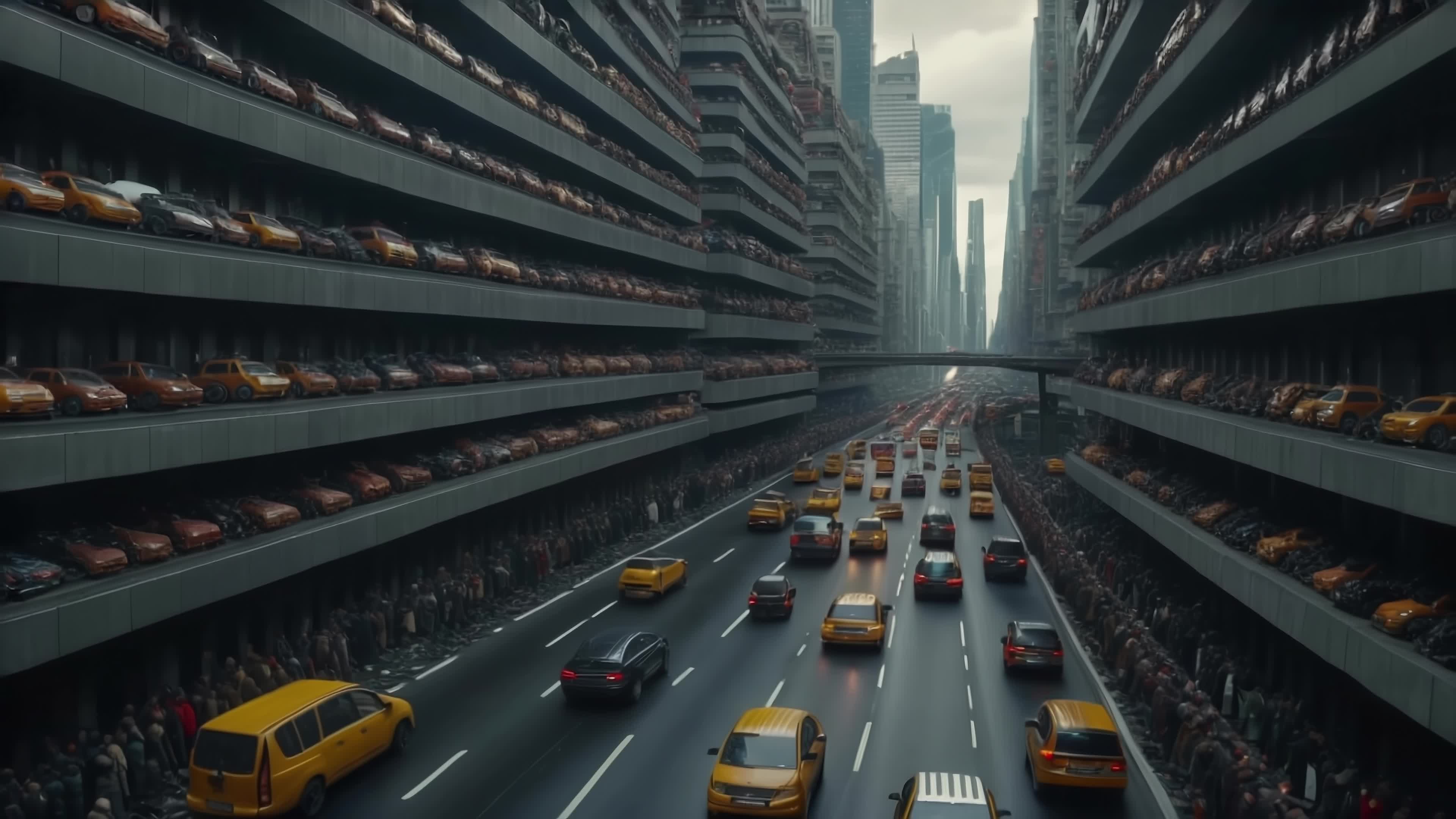 4K video of a futuristic city filled with yellow taxis amidst towering skyscrapers and congested streets under gloomy skies.