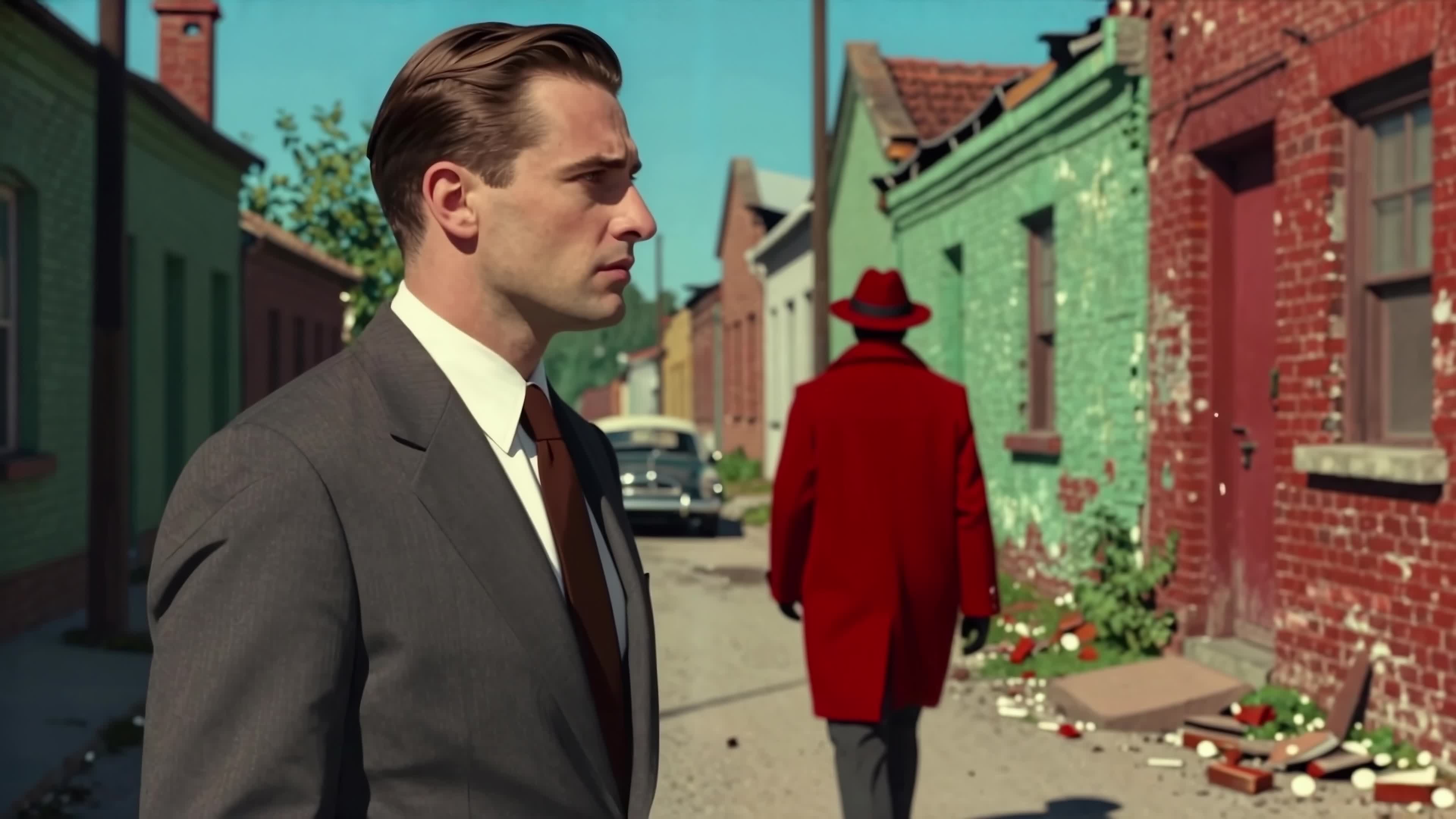 4K Video, Man in suit walks alone down sun-drenched alley behind mysterious red-coated figure near vintage cars amidst decaying brick homes.