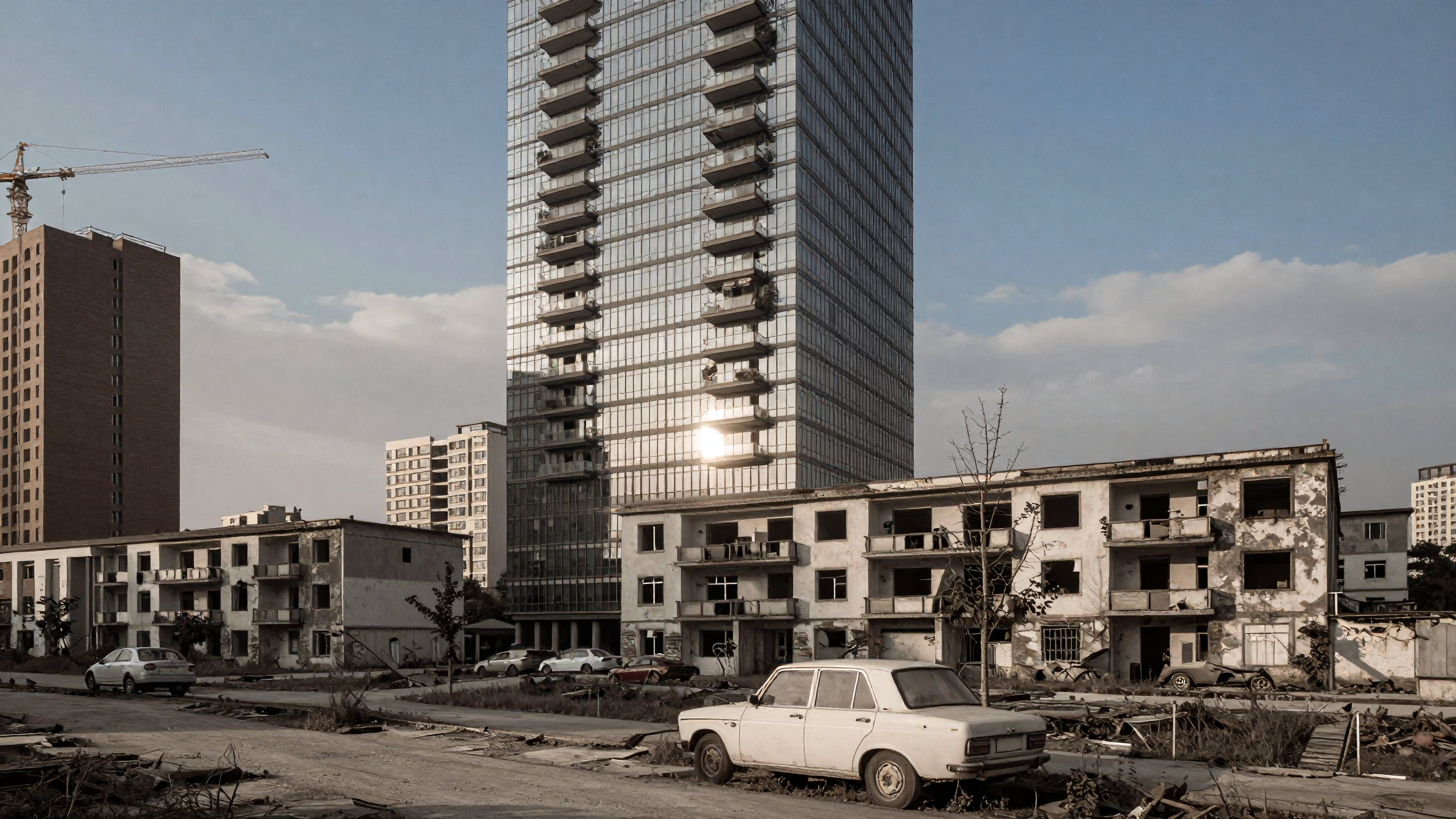 Abandoned Urban Landscape with Dilapidated Buildings and Glass Skyscraper