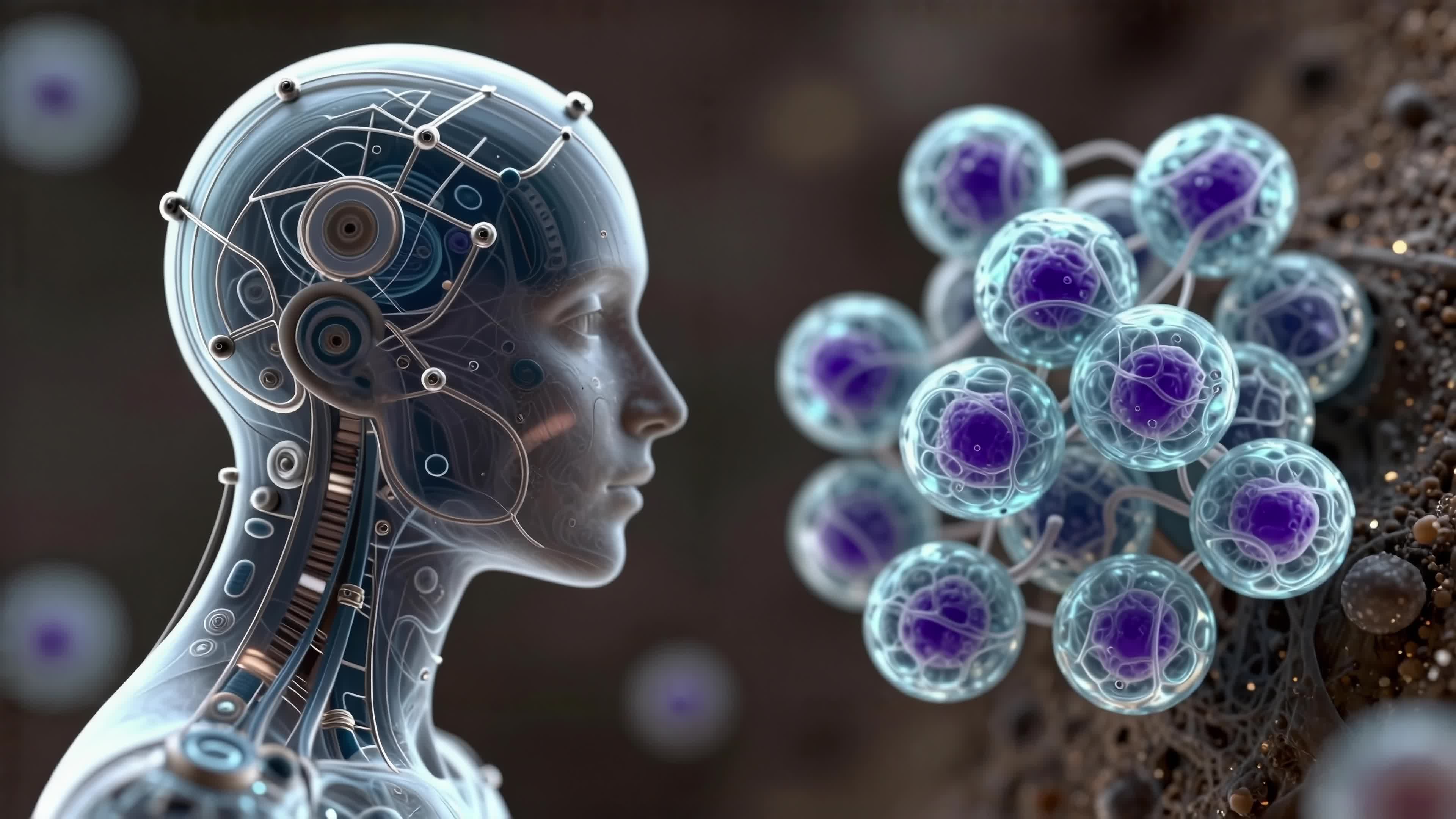 Cybernetic woman surrounded by glowing bacteria in futuristic sci-fi 4K video.