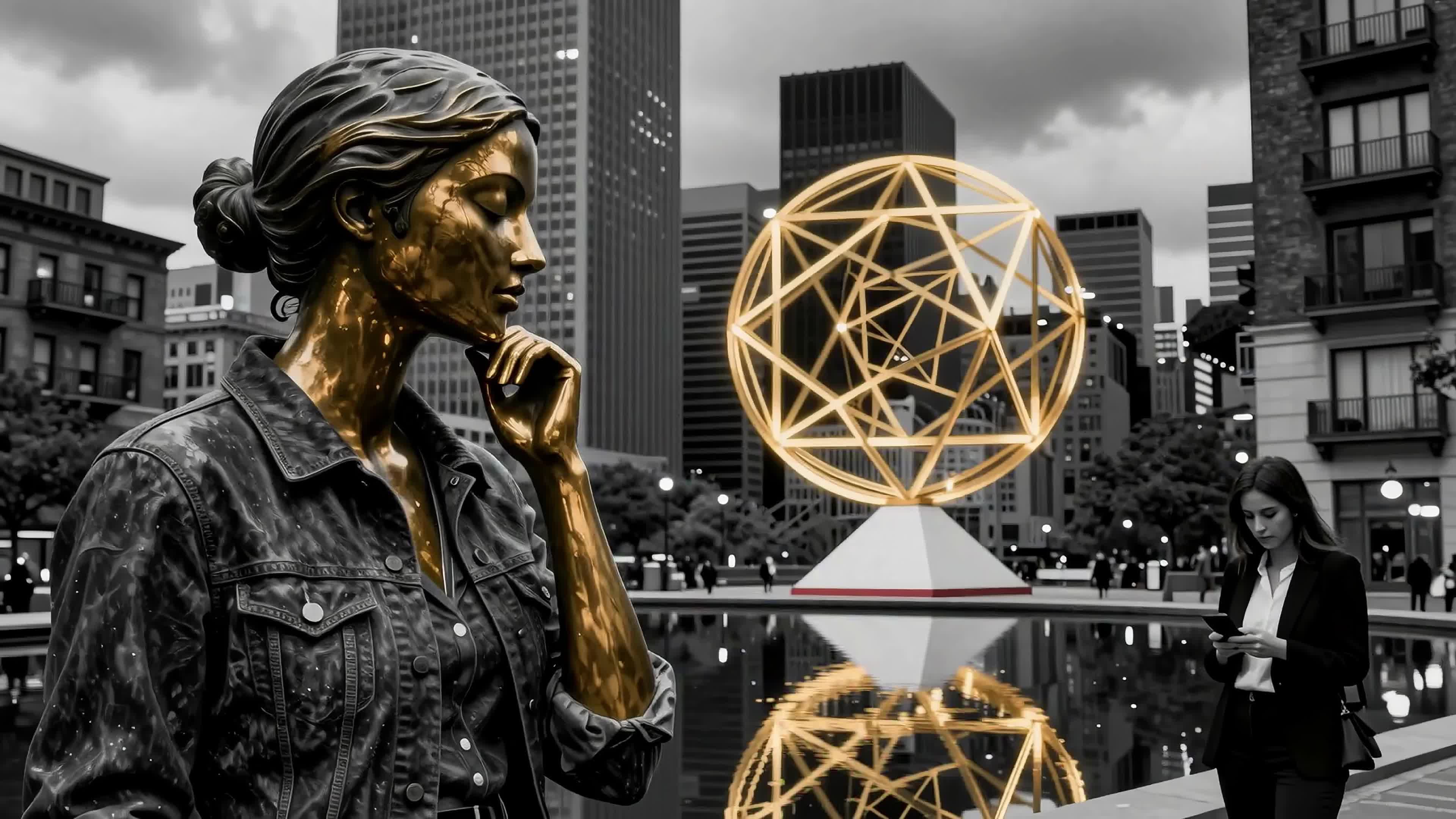 4K video of a contemplative golden statue overlooking a vibrant city plaza framed by towering skyscrapers beneath a dramatic twilight sky.