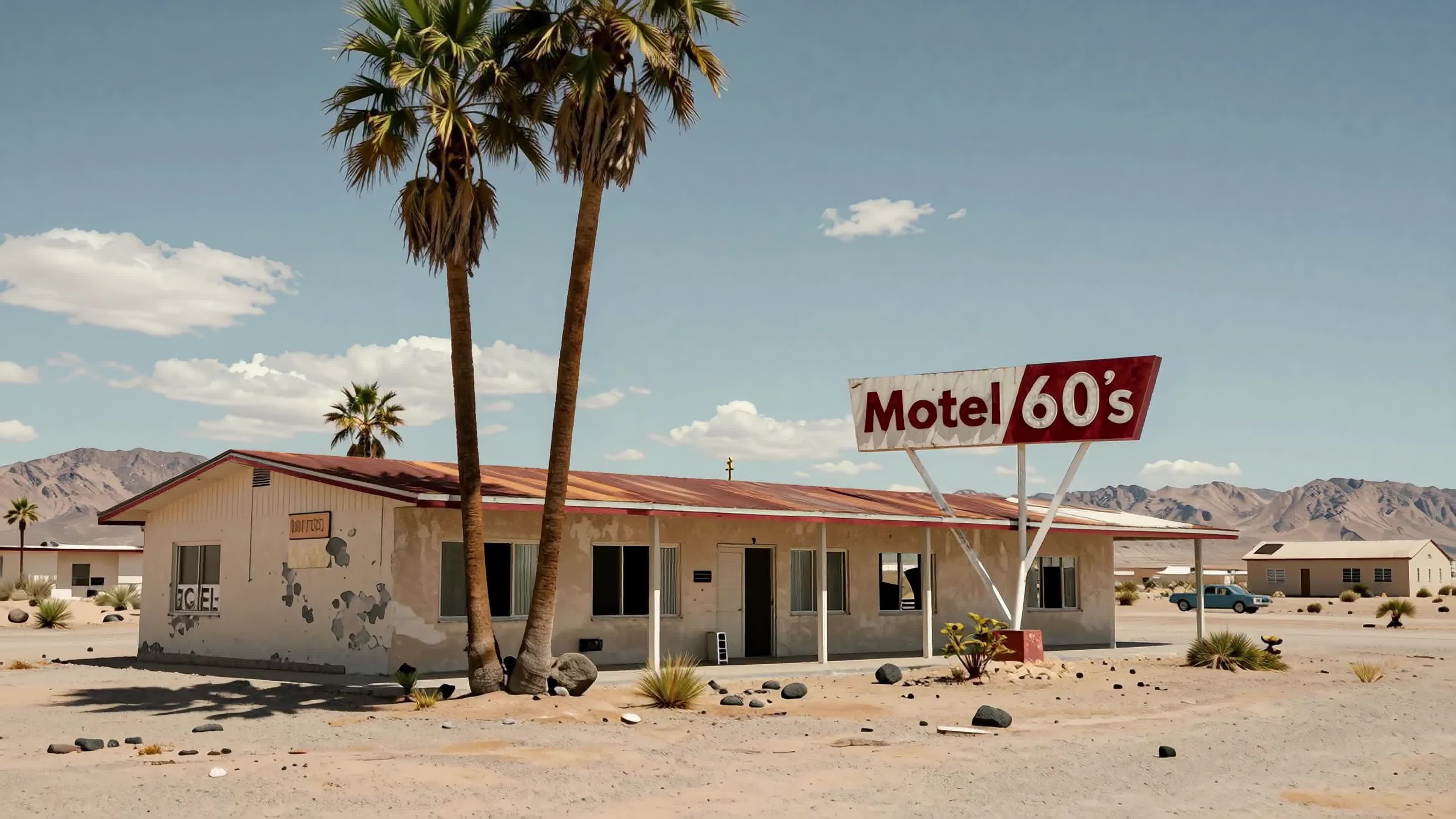 4K video of a vintage motel from the '60s standing defiantly against time and decay in the desert.