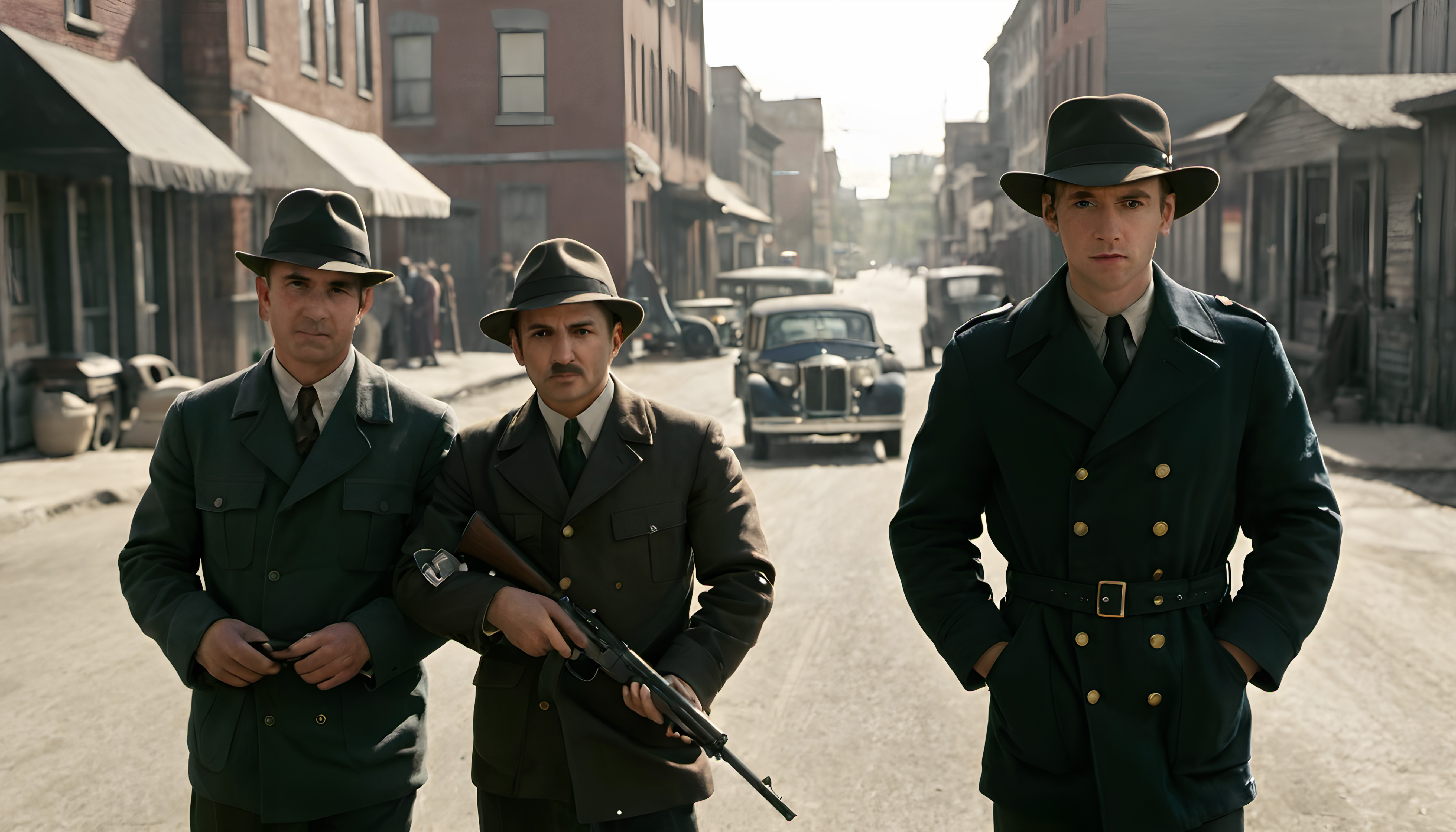 Three Men in Trench Coats on an Old City Street