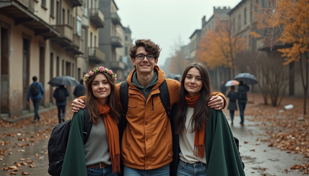 Three Friends Walking Through Autumn Street in European City