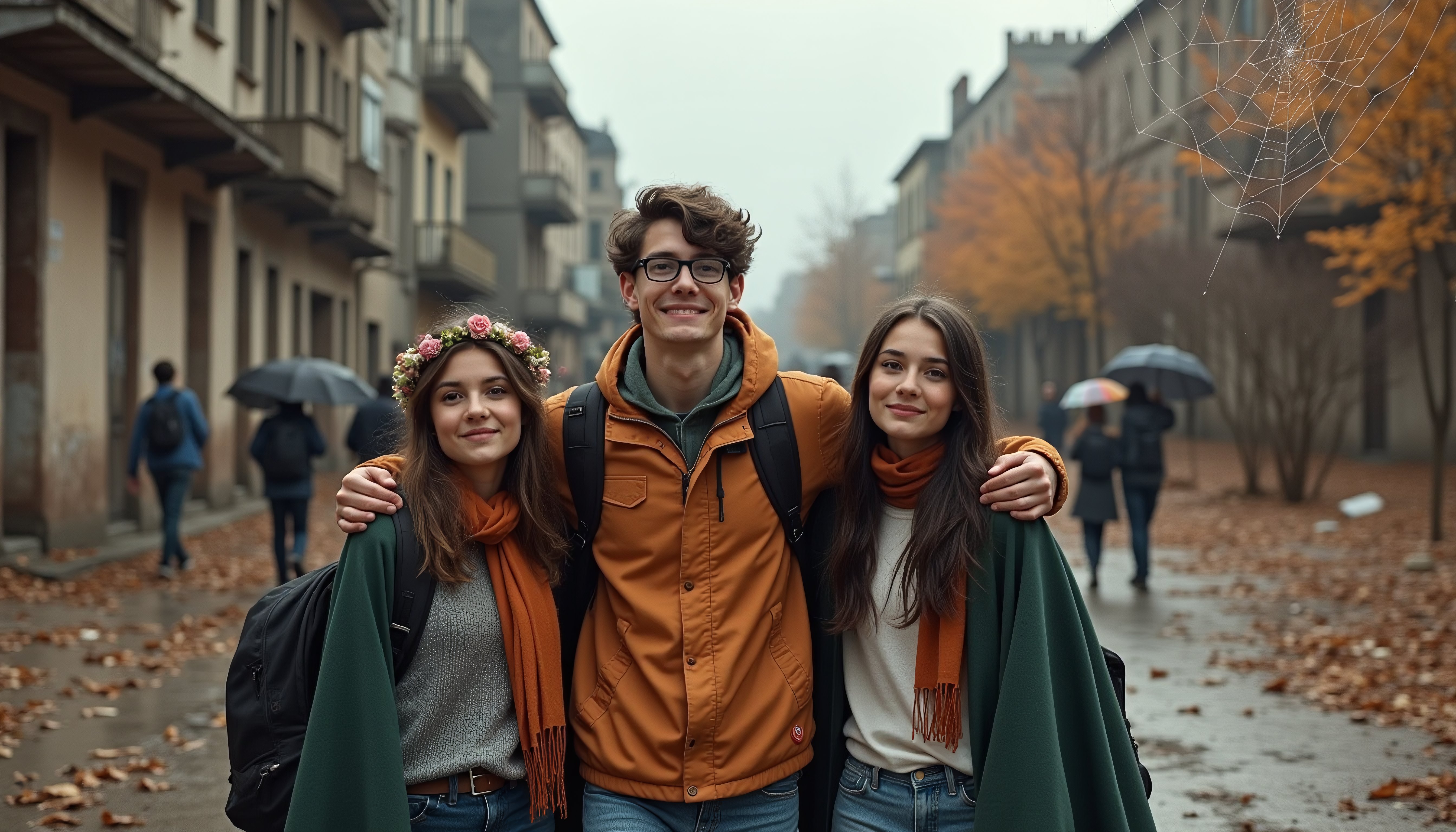 Three Friends Walking Through Autumn Street in European City
