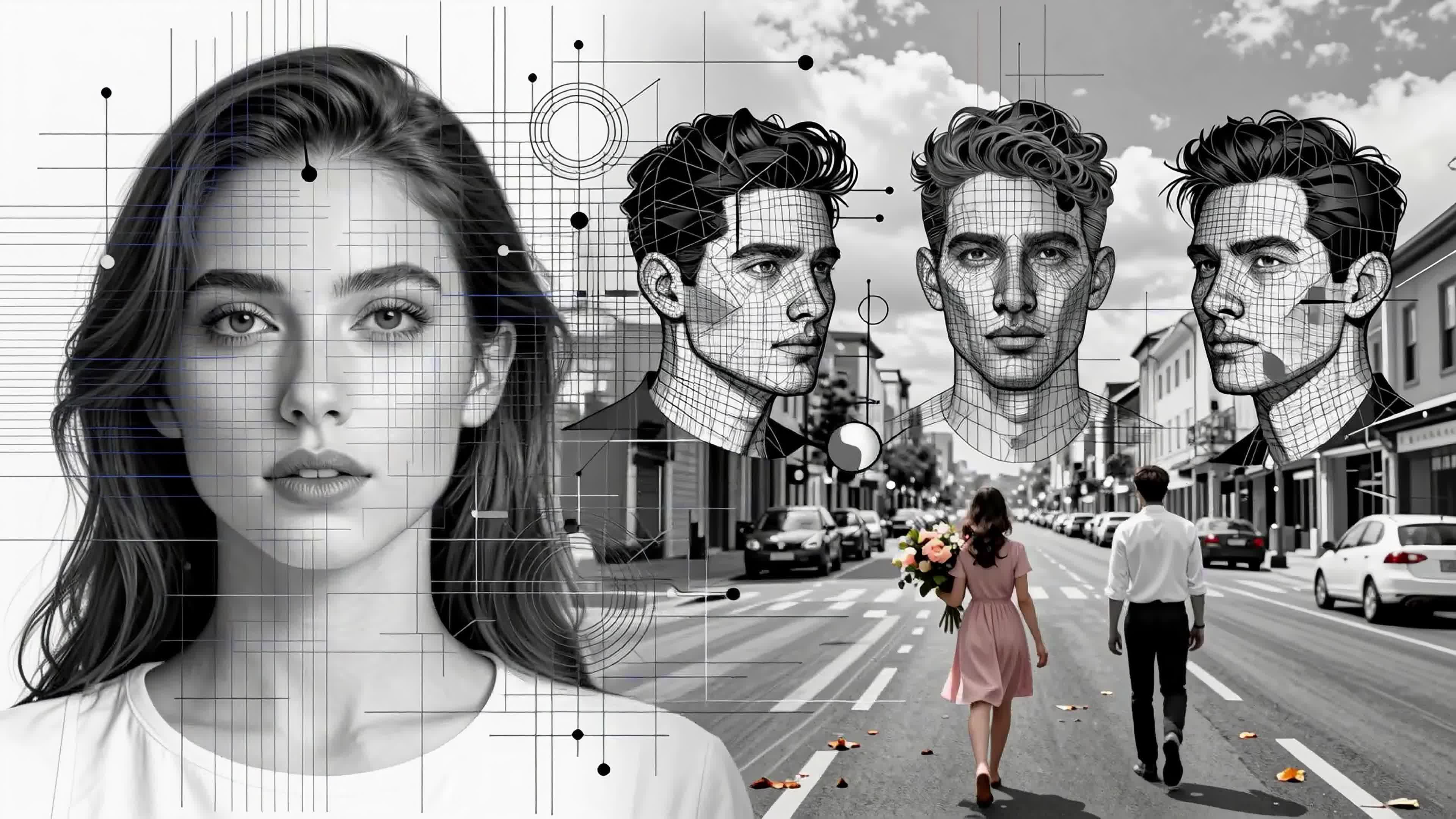 A digitally enhanced romantic walk on bustling city streets featuring overlaid wireframed portraits under cloudy skies, 4K video.