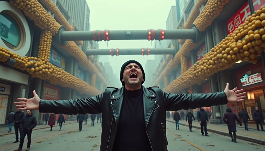 Futuristic Urban Street Scene with Man Shouting Amid Foggy Cityscape