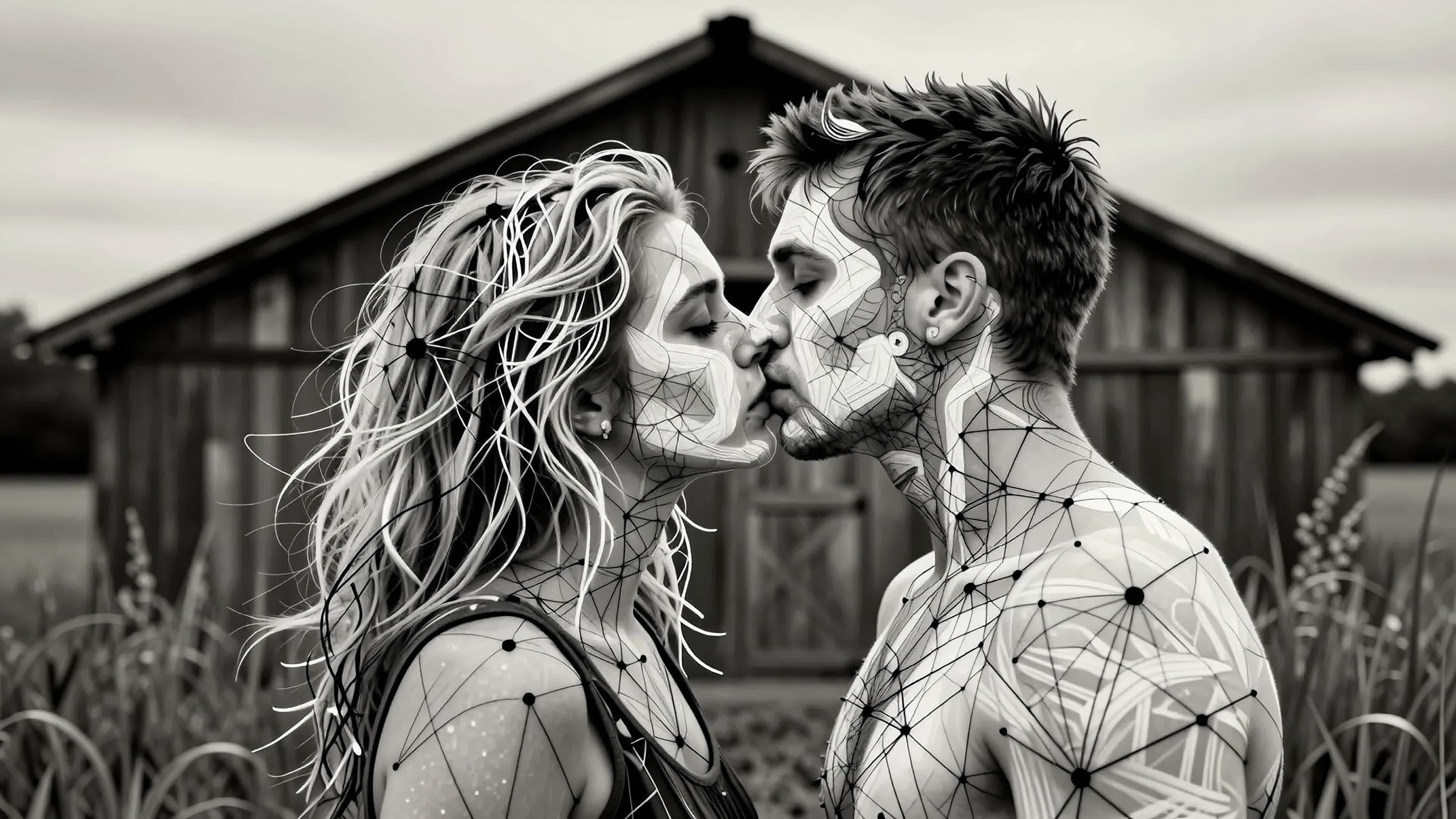 4K video of romantic couple embracing digitally enhanced figures outdoors near old barn in monochromatic cyberpunk inspired visual narrative.