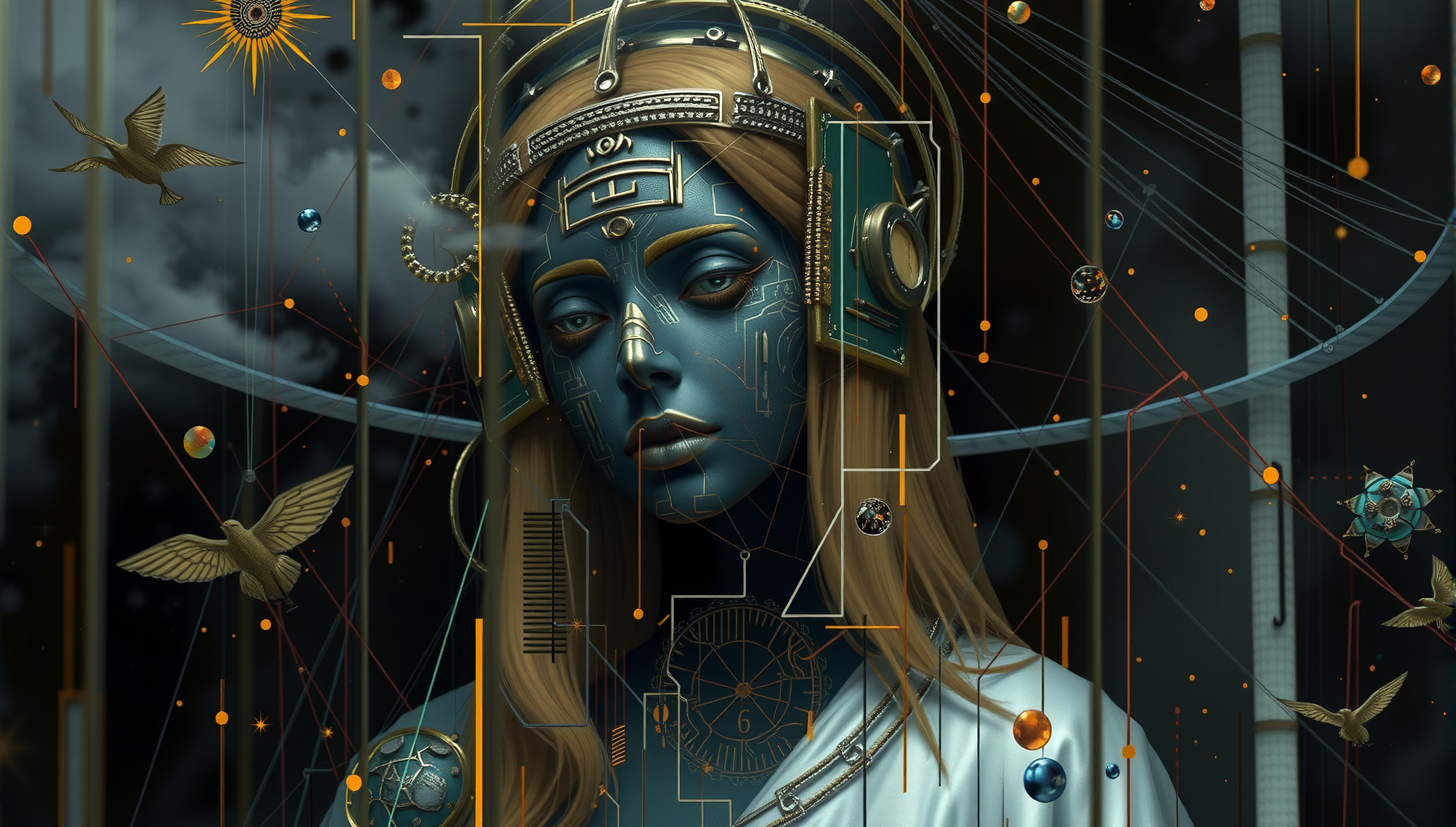 Sci-Fi Portrait of Woman with Celestial and Digital Holographic Elements