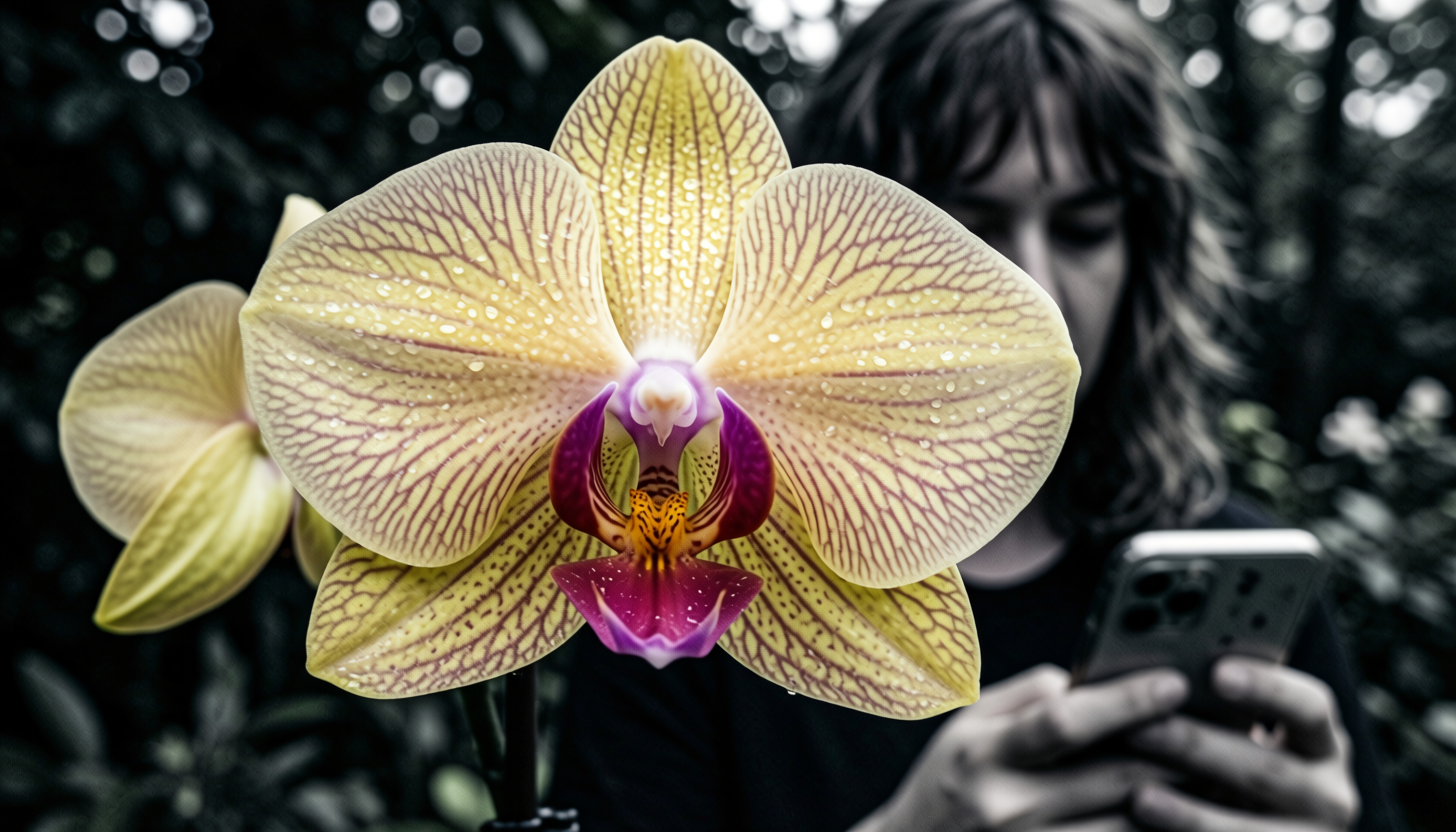 Yellow Orchid with Water Droplets and Smartphone User in Garden